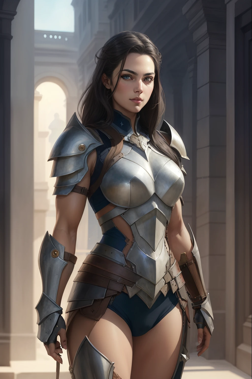 Btflindngds, a beautiful girl, brown eyes, brunette, tall, fit, strong, warrior, armor, fantasy, full body, photorealistic painting by artgerm and (greg rutkowski:0.3), portrait, (dynamic:0.4) lighting