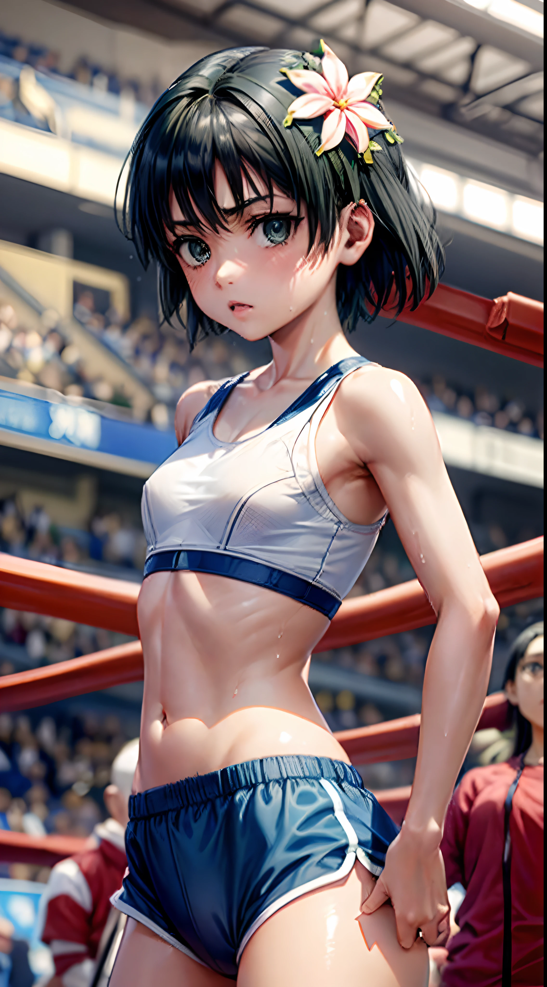 femele,１2 years old,,(((White sports bra and blue boxer shorts))),,Wet with sweat,Look back,(((Nariko Saten)))