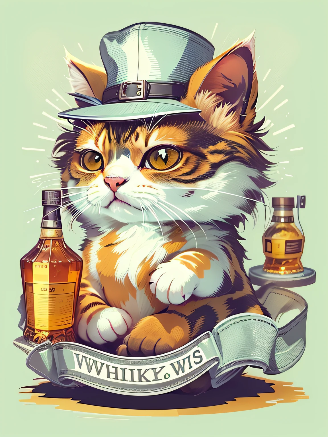 cat animal with whisky, cute style image, 3d style drawing, surrounded by vibraprint ready vector t-shirt design, white background, side view, sticker, clean white background, professional vector, high detail, t-shirt design, vibrant.