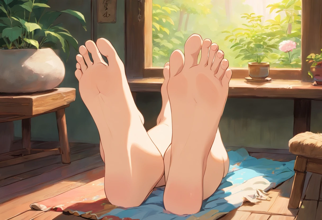 naked girl, bare feet, feet up, long soles, long toes, embarrassed, nsfw