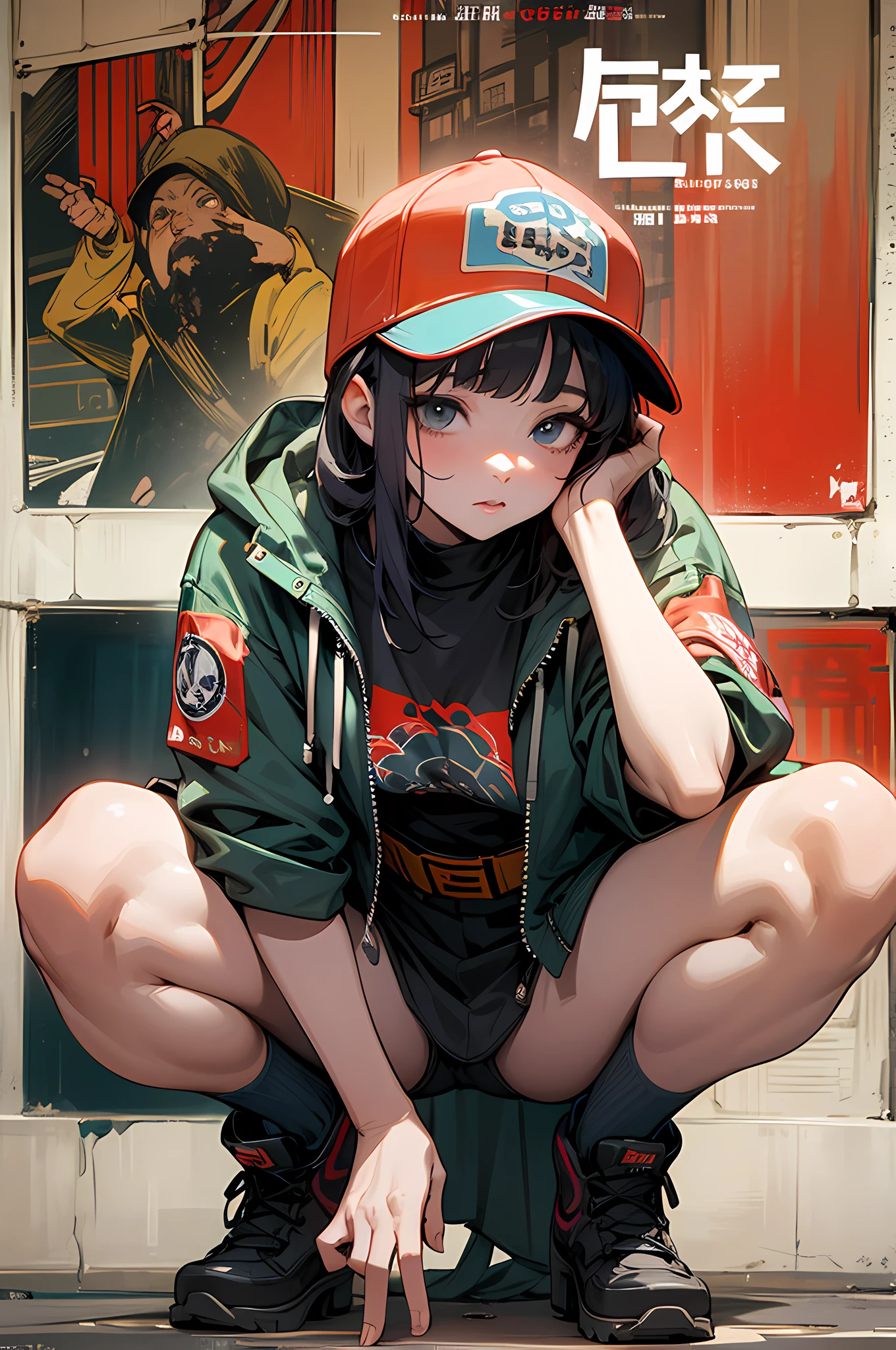 Movie poster with an ugly woman as the main character,Woman wearing hip hop girl costume、Standing confidently in the center of the poster,The background is Chinatown、Slum-like worldview、full bodyesbian、squatting、