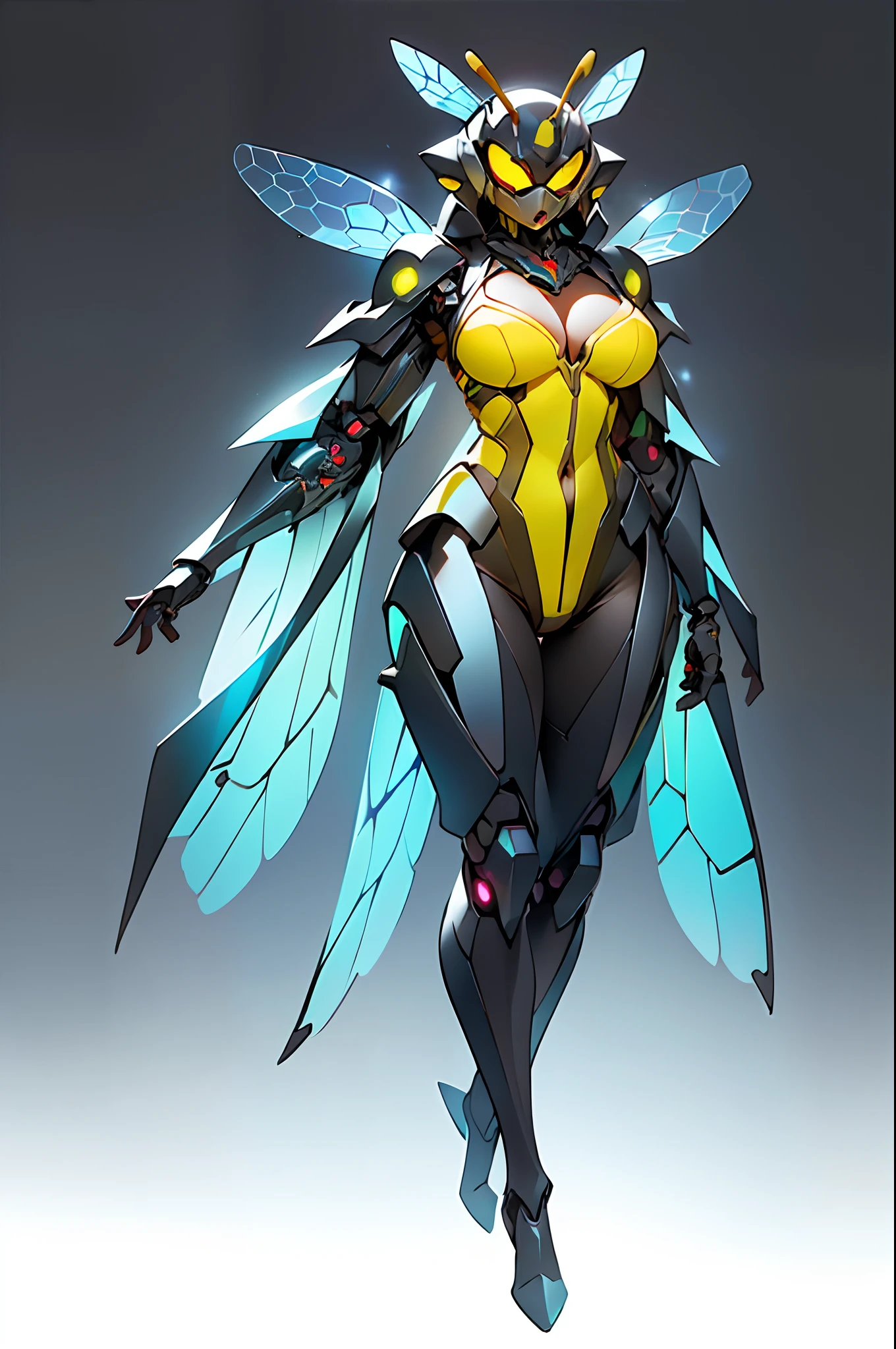 1 Anthropomorphism of bees, Full body standing painting,Solo, (tmasterpiece,top Quority,best qualtiy), ((Anthropomorphism of bees)), 独奏, Holding a black and yellow stick, (The main colors are yellow and black), human structure bee concept art, character design contest winner, cyberpunk bee, Great character design, Cyborg Wasp, Fantasy beekeeper, ((cyber punk style,machine arm,Hologram aura,Surreal Science Fiction Art,Future Science Fiction Aesthetics)), biopunk cyborg wasp, interesting character design, insect trainer girl, no type, cushart kenz, cyberpunk cyborg wasp, full body concept, high quality character design, character design art, ((very simple background))、(Game character design), white backgrounid(((flatcolors)))