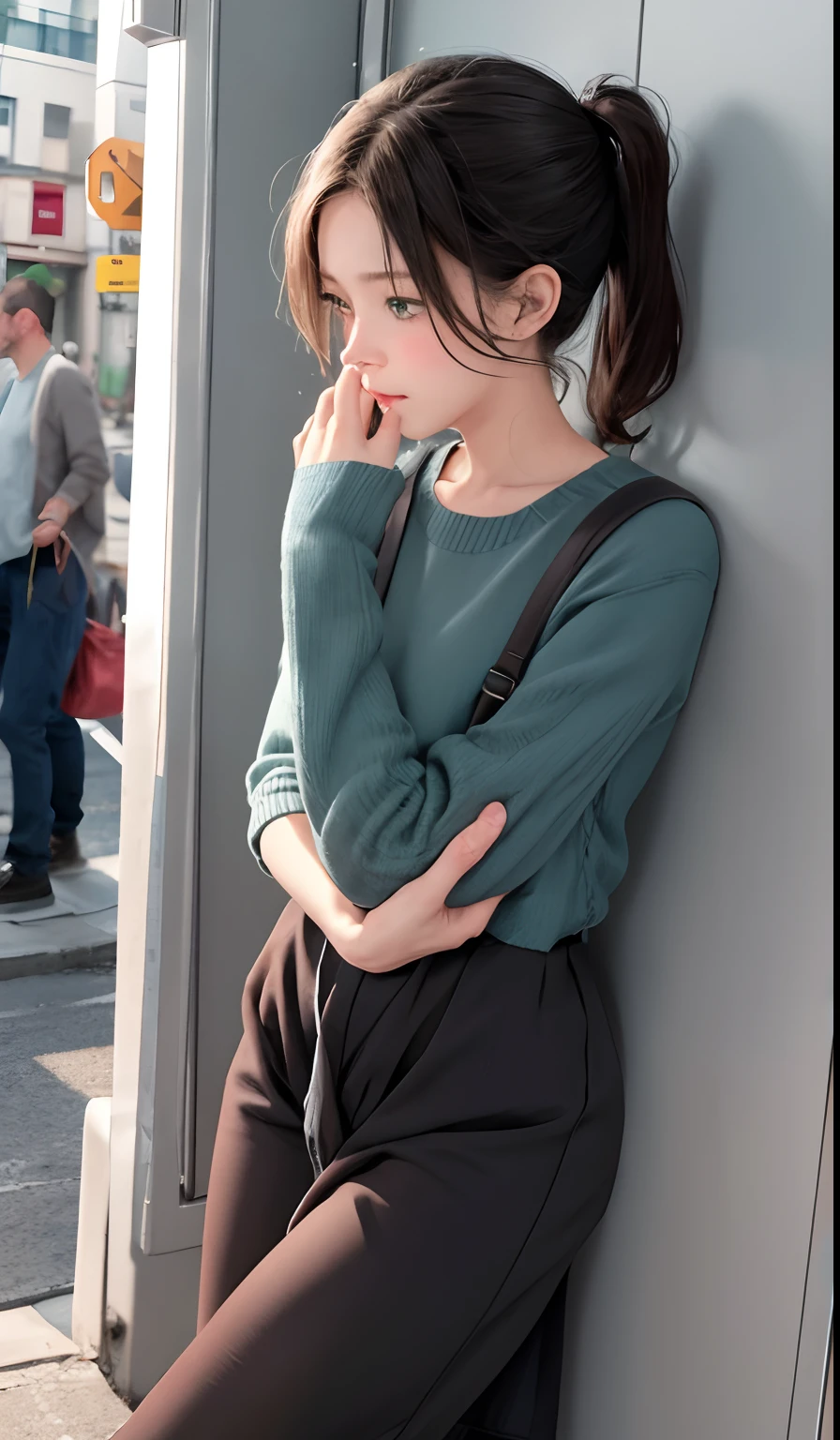 1 girl is taking to lavatory, looking away, standing, Green eyes, embarrassed, blush, Keep one's mouth shut, street (girl is peeing self:0.4)