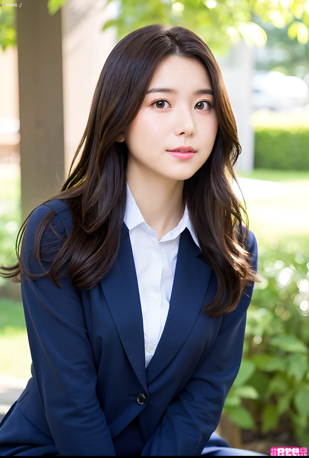 School uniform,pantyhose,Cute,Mature Young,Super,Full body,nice perfect face with soft skin perfect face,gorgeous long wavy brown-haired,8K resolution,Ultra-realistic,Ultra-detailed,hightquality,huge-breasted:1.7)