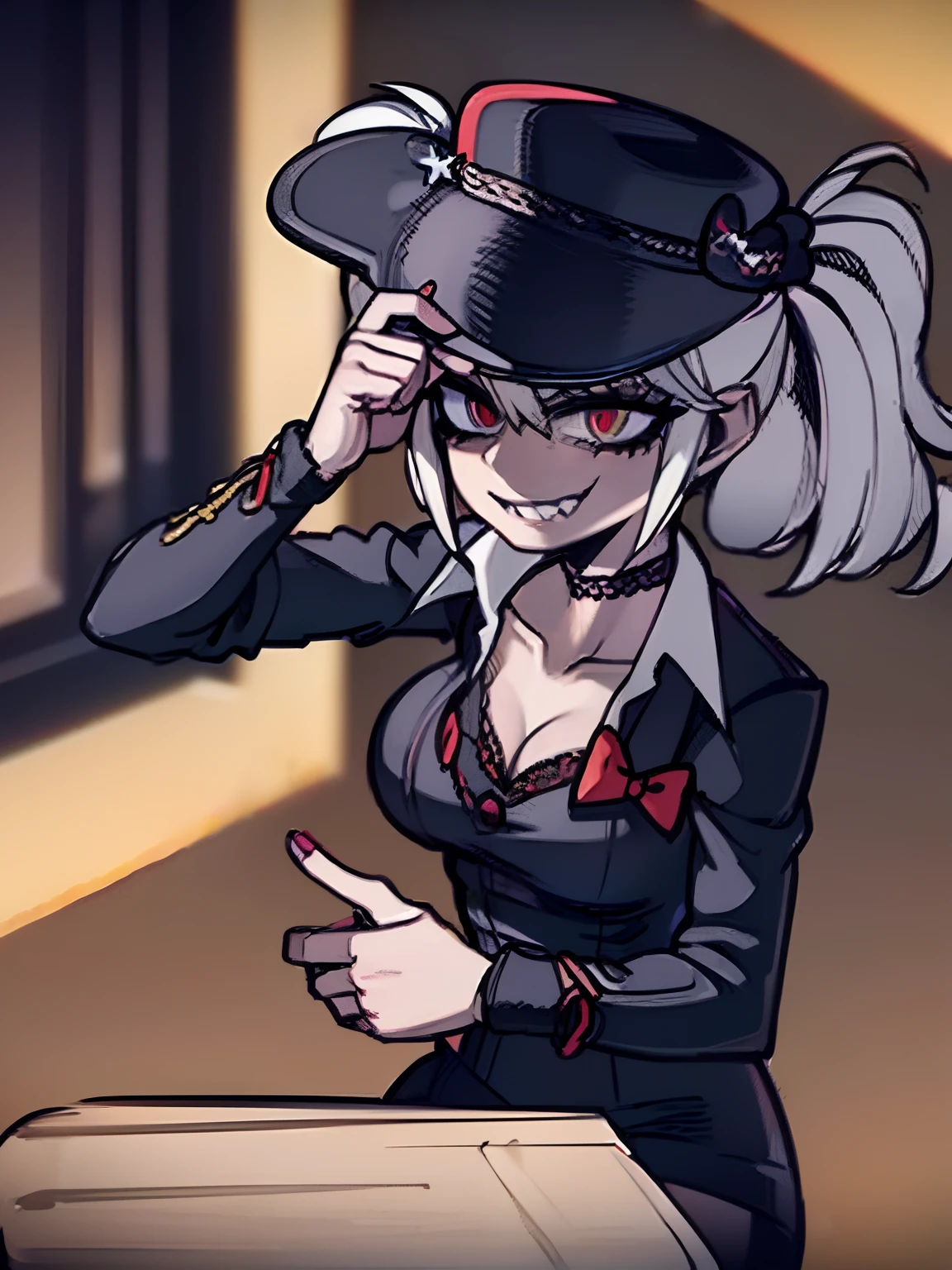 ((Masterpiece, top quality, super definition, ultra definition)), Solo, Full body, (((27-year-old goth woman in black leather German official uniform)))), ((wearing an army leather hat)), (((Clear expression of body unevenness)), looking at the camera, (sitting with her back to the wall and bent knees), female body, (nipple shape stands out), (((large breasts)), red eyes, ((black hair bob)), front zoom, horizontal seat, yandere, strong makeup, constricted pupils, blank star, (SFW), dark, detailed hands, tall woman, (sadistic smile quite present), sharp focus, dynamic angle, deep shadows