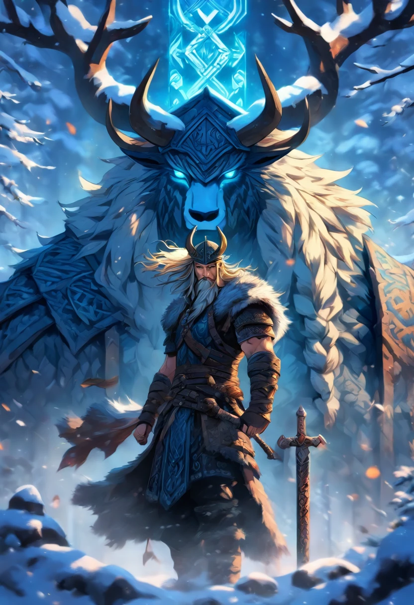 The best quality, very high resolution, Detailed 4K CG, master piece, Bode, Norse gods, Handsome man, Rune tattoos, Viking, Snow, Tall trees, Blue sky, Norse mythology, Viking rune tattoo, Beautiful aesthetics, Beautiful image, There are beautiful ancient ruins in the back