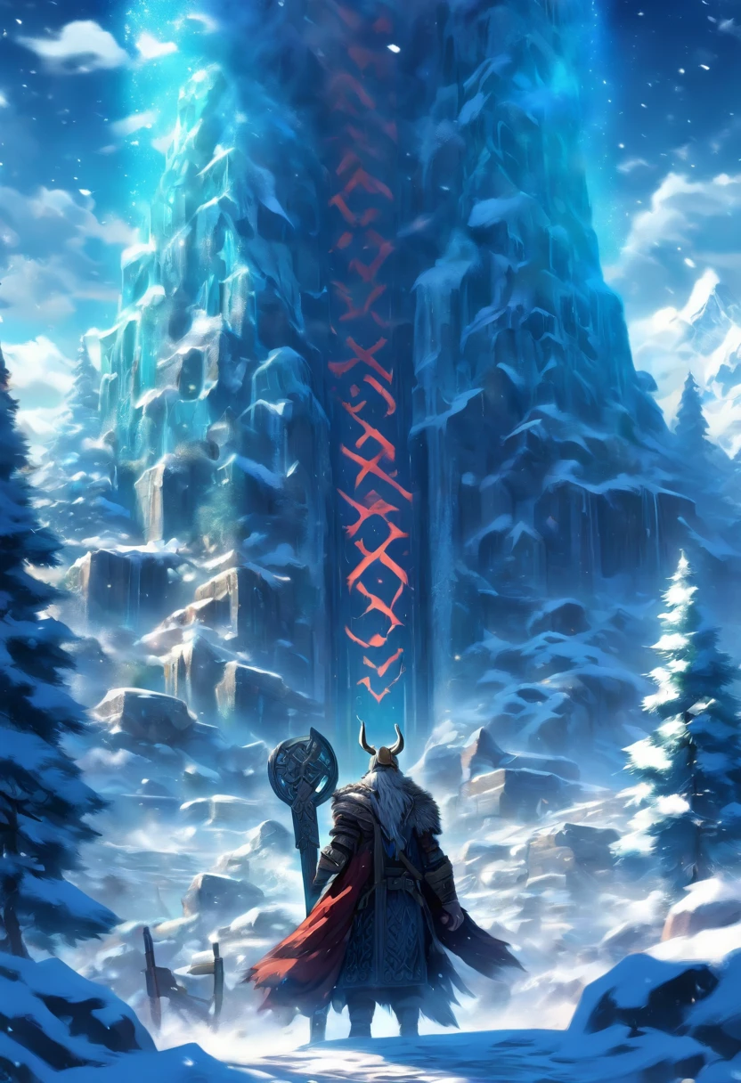 The best quality, very high resolution, Detailed 4K CG, master piece, Bode, Norse gods, Handsome man, Rune tattoos, Viking, Snow, Tall trees, Blue sky, Norse mythology, Viking rune tattoo, Beautiful aesthetics, Beautiful image, There are beautiful ancient ruins in the back