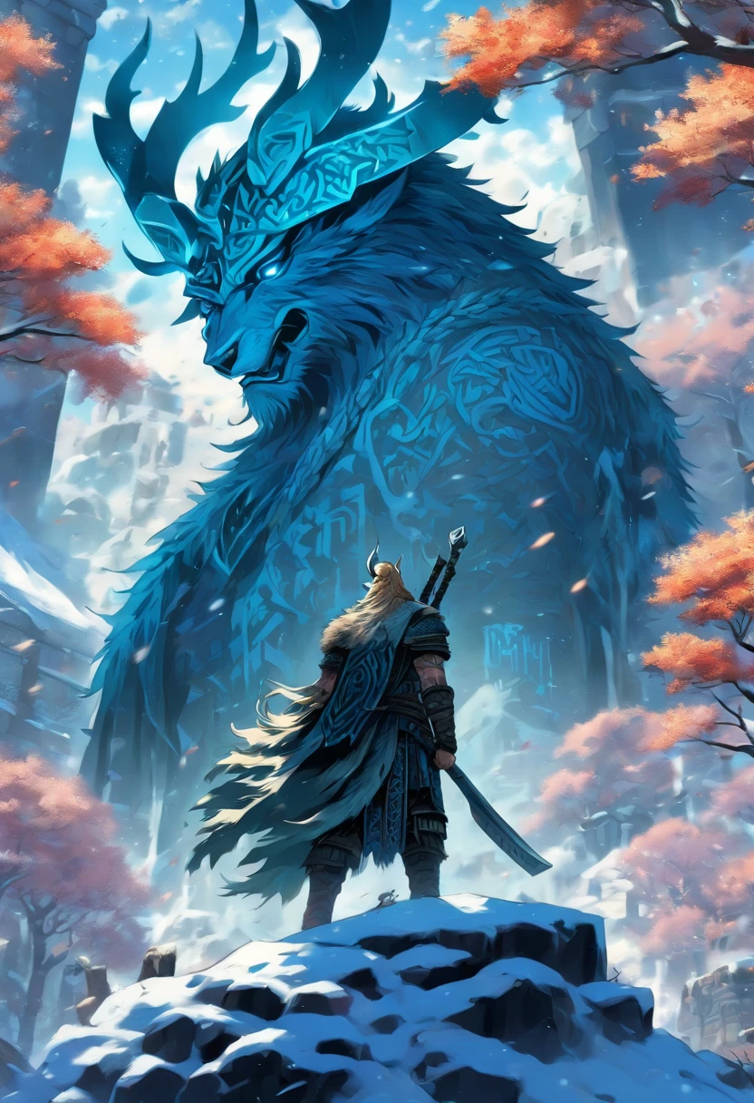 The best quality, very high resolution, Detailed 4K CG, ​master piece, Bode, Norse gods, Handsome man, Rune tattoos, Viking, Snow, Tall trees, Blue sky, Norse mythology, Viking rune tattoo, Beautiful aesthetics, Beautiful image, There are beautiful ancient ruins in the back