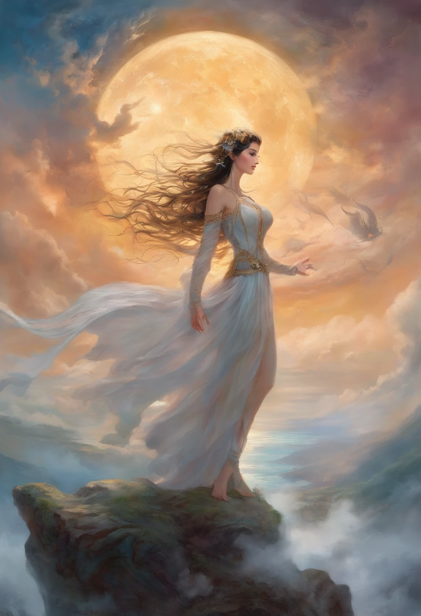 ((best qualityer)), ((tmasterpiece)), (A detailed), ((nouveau)), Succubus temptation, Ethereal beauty, perched on a cloud, (Fantasy illustration: 1.3), mesmerizing looks, captivating posture, delicate wings, supernatural charm, mystical sky, (Luis Royo:1.2), (Yoshitaka Amano:1.1), Moon Night, pastelcolor, (Detailed cloud environment:1.3), (A high resolution:1.2)
