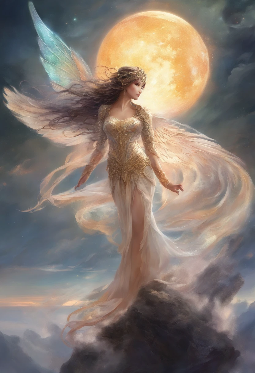 ((best qualityer)), ((tmasterpiece)), (A detailed), ((nouveau)), Succubus temptation, Ethereal beauty, perched on a cloud, (Fantasy illustration: 1.3), mesmerizing looks, captivating posture, delicate wings, supernatural charm, mystical sky, (Luis Royo:1.2), (Yoshitaka Amano:1.1), Moon Night, pastelcolor, (Detailed cloud environment:1.3), (A high resolution:1.2)