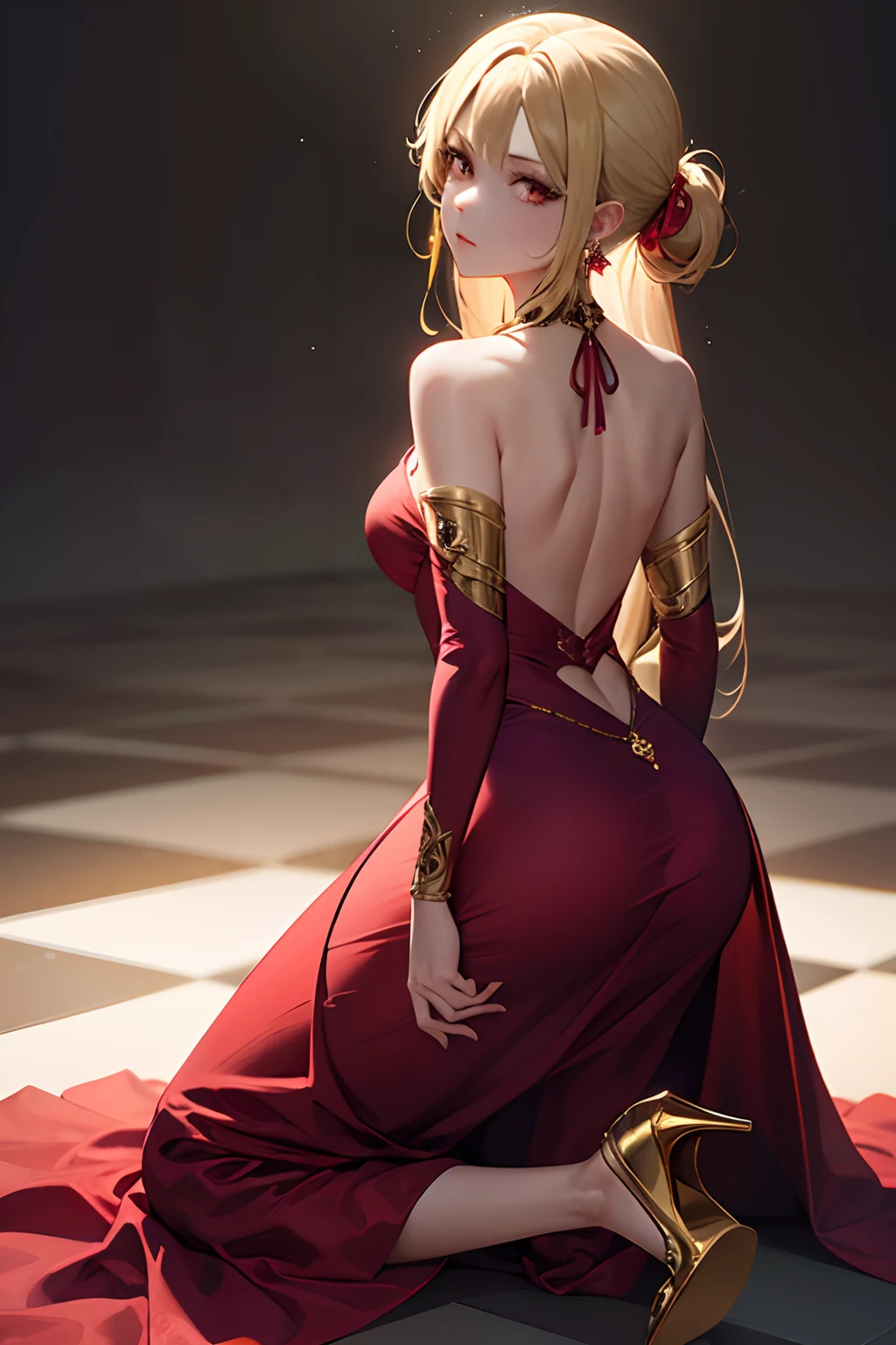 1girl, wearing a elegant red dress, long blonde hair, red eyes, gold earrings, neck accessories, long eyelashes, wearing a gold ring, wearing high heels, in a dark room, turning her head around to look at the viewer, hair tied back