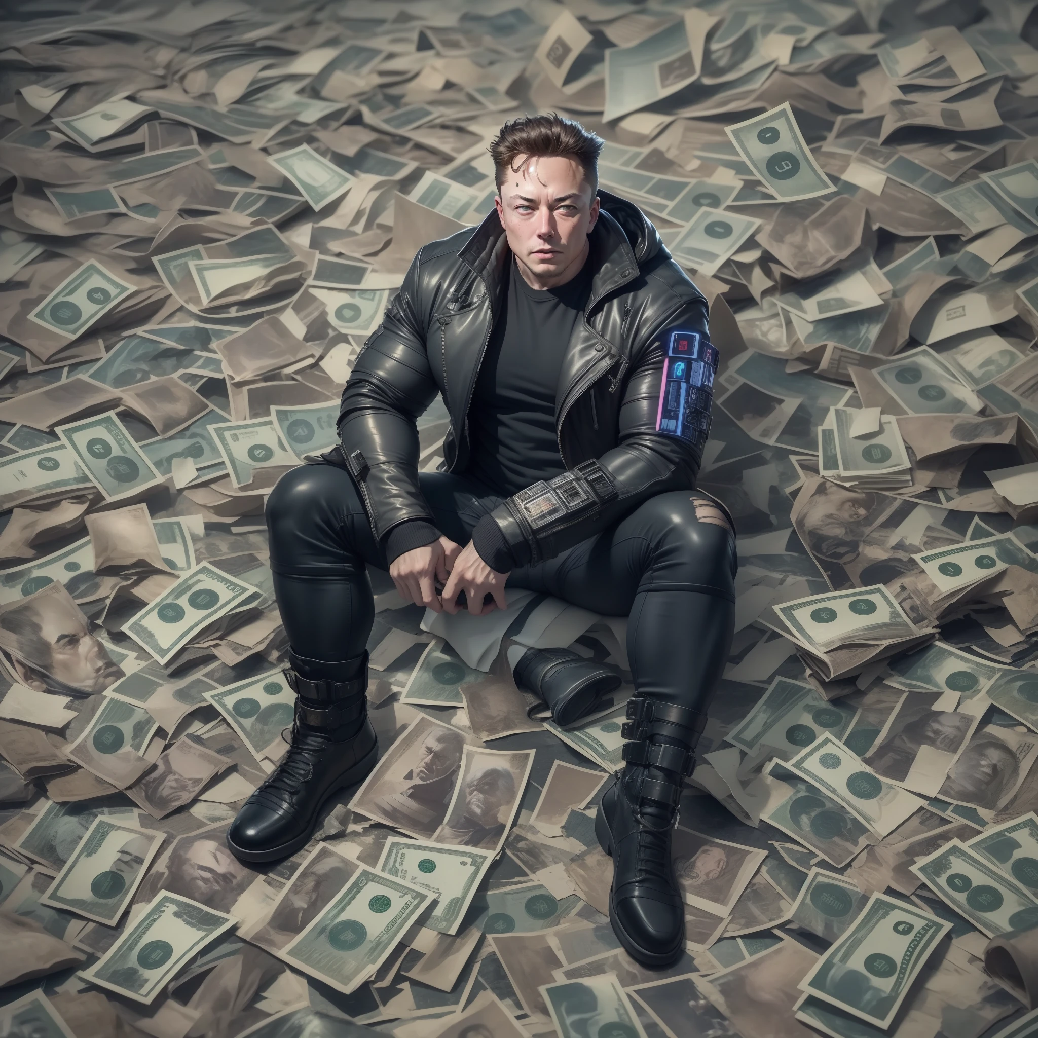 masterpiece, best quality, elon musk, there is a man sitting on a pile of money with a caption in russian, a portrait by Mikhail Lebedev, instagram, stuckism, 🚀🌈🤩, фото девушка курит, very coherent image, elon musk, made of money, $100000000wearing cyberpunk costume, very muscular, athletic, huge, gray hair, gray hair, scars, warrior, barbarian, sfw, 55 years old, futuristic dystopia