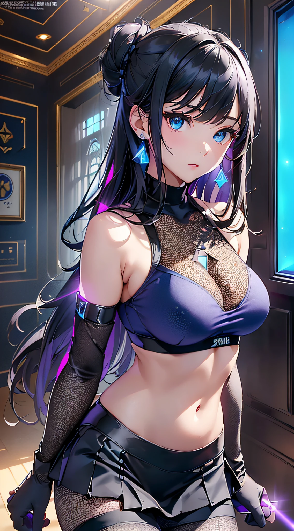 top-quality、Top image quality、​masterpiece、girl with((cute little、20yr old、Best Bust、Medium bust、Bust 85,Beautiful blue eyes、Breasts wide open,Long Black Hair、A slender、Middle knot、Black Sports Bra、Blue leggings pants、White sheer short skirt,Reflecting the whole body、Black perforated gloves)）hiquality、Beautiful Art、Background with((clubhouse、Blue lighting、Purple Laser Point)),masutepiece、Elaborate design、visualart、depth of fields、The best lighting、highestdetailed、8ｋ