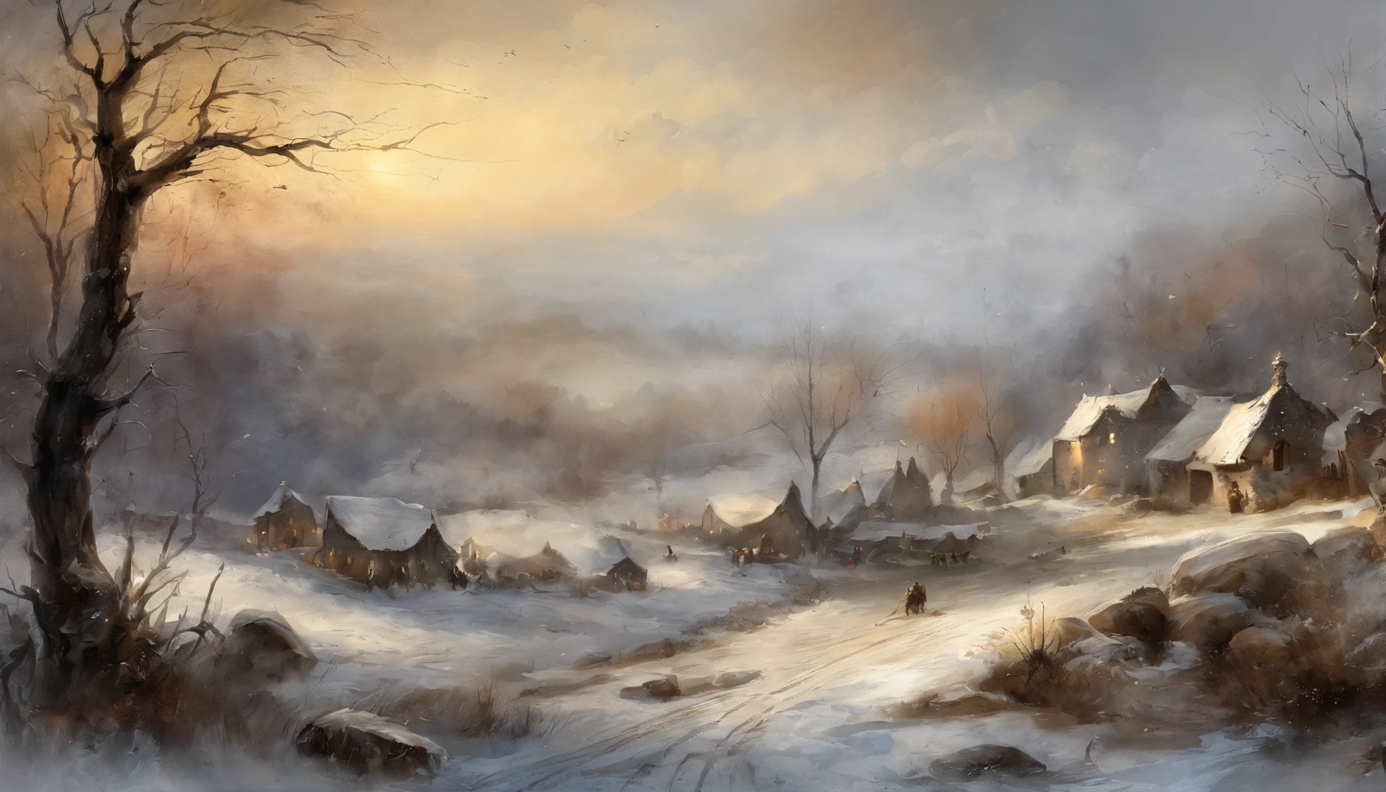 ink wash style,Broken,battlefiled,Fire on the ground,winter day、Rochas、War,European battlefield,Medieval war,(illustratio:1.0)、Epic composition、Realistic lighting、high definition detail、tmasterpiece、Best quality,(非常详细的 CG 统一 8k 壁纸)