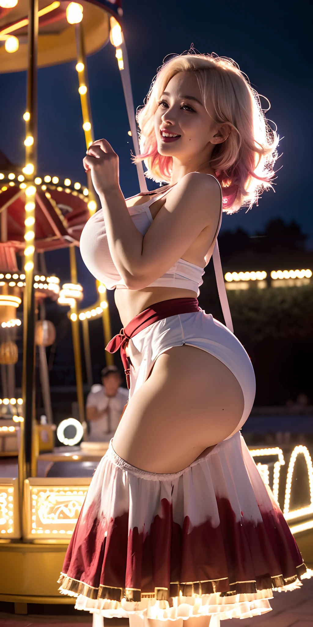 (masterpiece, best quality, ultra-detailed, 8K),(perfect female body, thicc hips),slim,abs,hourglass body shape, (multicolored hair,pink/platinum blonde hair, single braids), sexy goddess, clear athmosphere,nsfw,lewd,(bloody apron), scary smile, blood every where, Huge breasts:1.6, scary scene, amusement park background (dramatic, night time, scenery, ferris wheel, carousel).