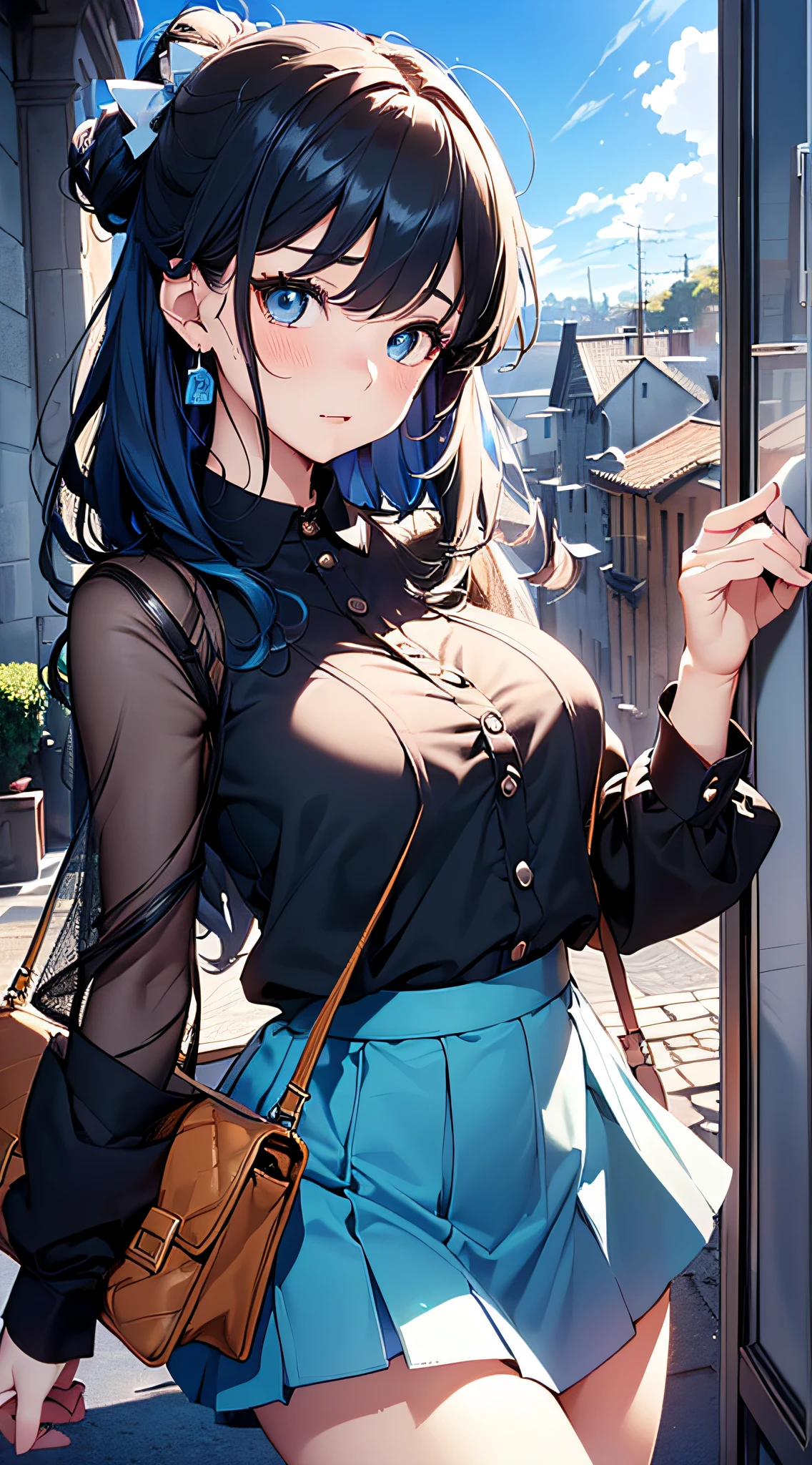 top-quality、Top image quality、masterpiece、girl with((cute little、sixteen years old、Best Bust、Medium bust、Bust 85,Beautiful blue eyes、Breasts wide open,Long Black Hair、A slender、Blue hair mesh、Y-shirt with white collar open to second button、Blue short skirt,satchel,embarassed face、run、Reflecting the whole body、Black underwear、Panchira))hiquality、Beautiful Art、Background with((blue-sky、towns)),masutepiece、Elaborate design、visualart、depth of fields、The best lighting、highestdetailed、8k