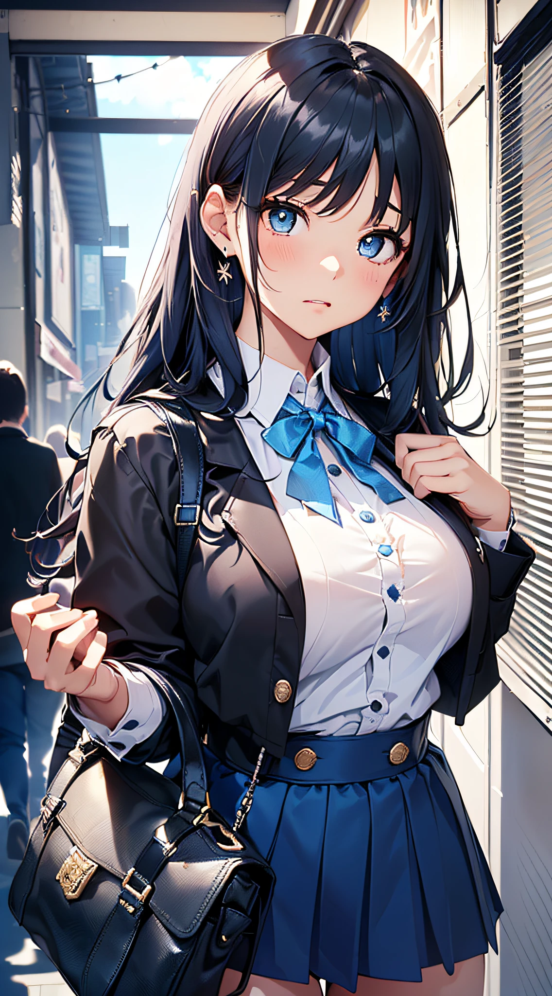 top-quality、Top image quality、​masterpiece、girl with((cute little、、Best Bust、Medium bust、Bust 85,Beautiful blue eyes、Breasts wide open,Long Black Hair、A slender、Blue hair mesh、Y-shirt with white collar open to second button、Blue short skirt,satchel,embarassed face、run、Reflecting the whole body、Black underwear、Panchira)）hiquality、Beautiful Art、Background with((blue-sky、towns)),masutepiece、Elaborate design、visualart、depth of fields、The best lighting、highestdetailed、8ｋ