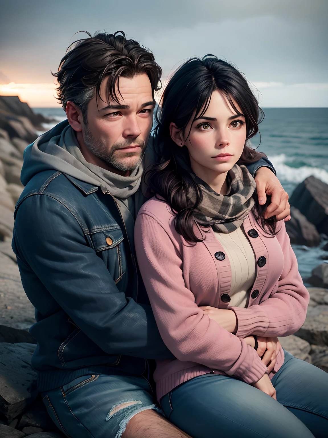 Husband and wife, arms around each other, sitting outside on rugged Cornish clifftop, stormy day, older looking Stephen Graham with stubble looking out to sea, winsome Sandra Bullock with black hair blowing in the wind and pink cardigan, both wearing ragged scruffy padded coat, keffiyeh, hoodie, dirty jeans, dramatic lighting, ruined mine workings in distance, rubble, heather, gorse bushes