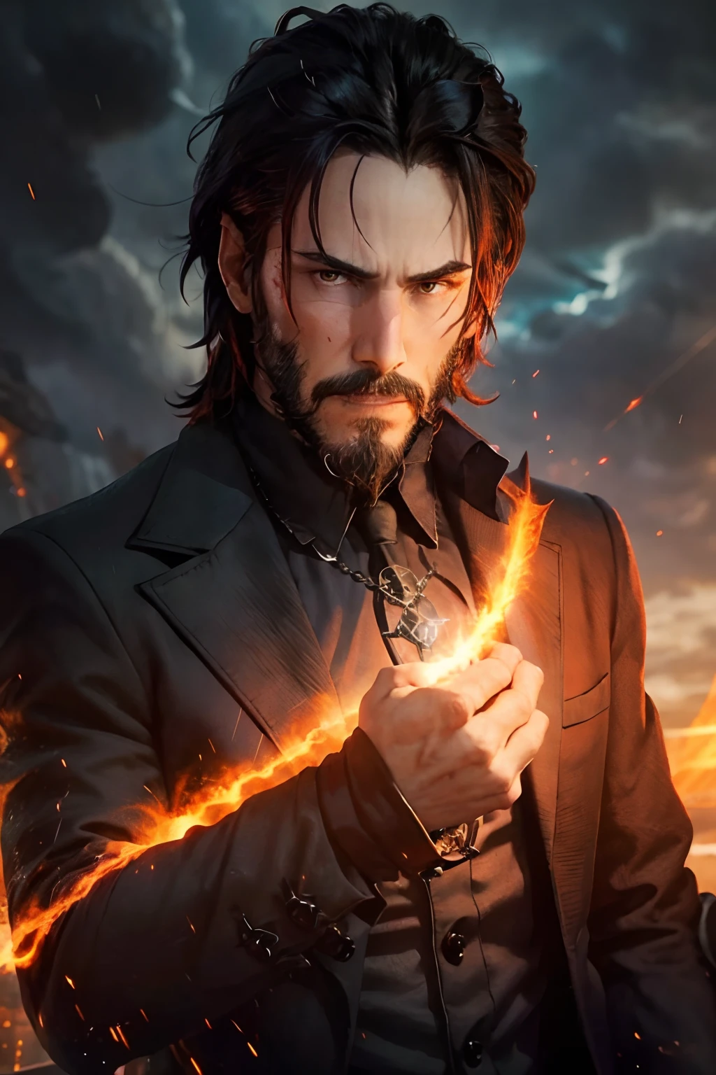 gothic, wizard, powerful, black beard, goatee, beard sideburns, crimson spiky hair, scar in the front, orange necklace, red coat, black suit, orange energy in the hands, enlightened eyes, can fly, black stone tower  background, tower with energy lights, lightnings around, dark cloudy weather, high quality