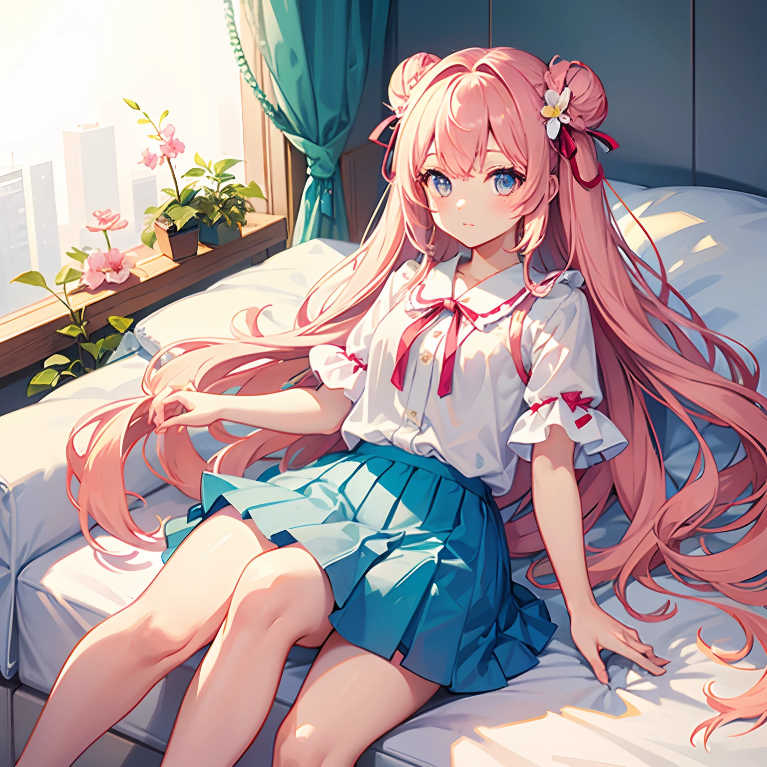 Half Bun Half Thumbnail Cute Girl Ribbon Flower Short Sleeve Shirt Cute Long Girl Light Colored Hair Floating Sitting