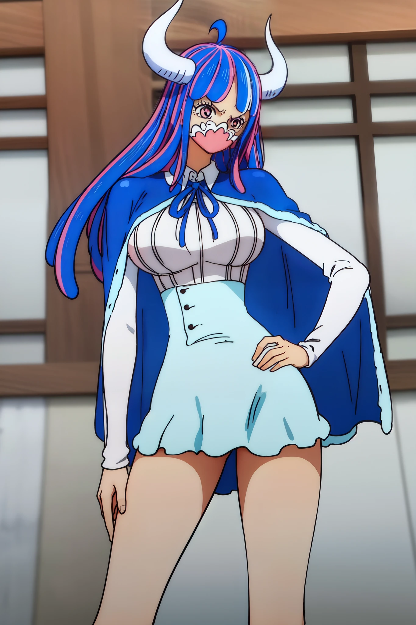 Ulti from one piece, blue hair, red eyes, pink mask, white horns, booty, white mini dress, long dark blue cape, standing in room, side view, hands on Hip, ripped clothes,