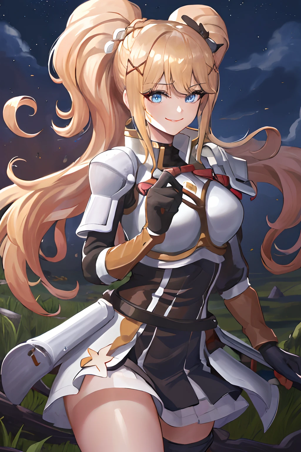 best quality, highres, 1girl, long hair, blonde hair, x hair ornament, armor, blue eyes, ponytail, hair ornament, gloves, shoulder armor, braid, black gloves, pauldrons, white boots, darkness \(konosuba\), large breasts, cowboy shot, castle, outdoors, smile,