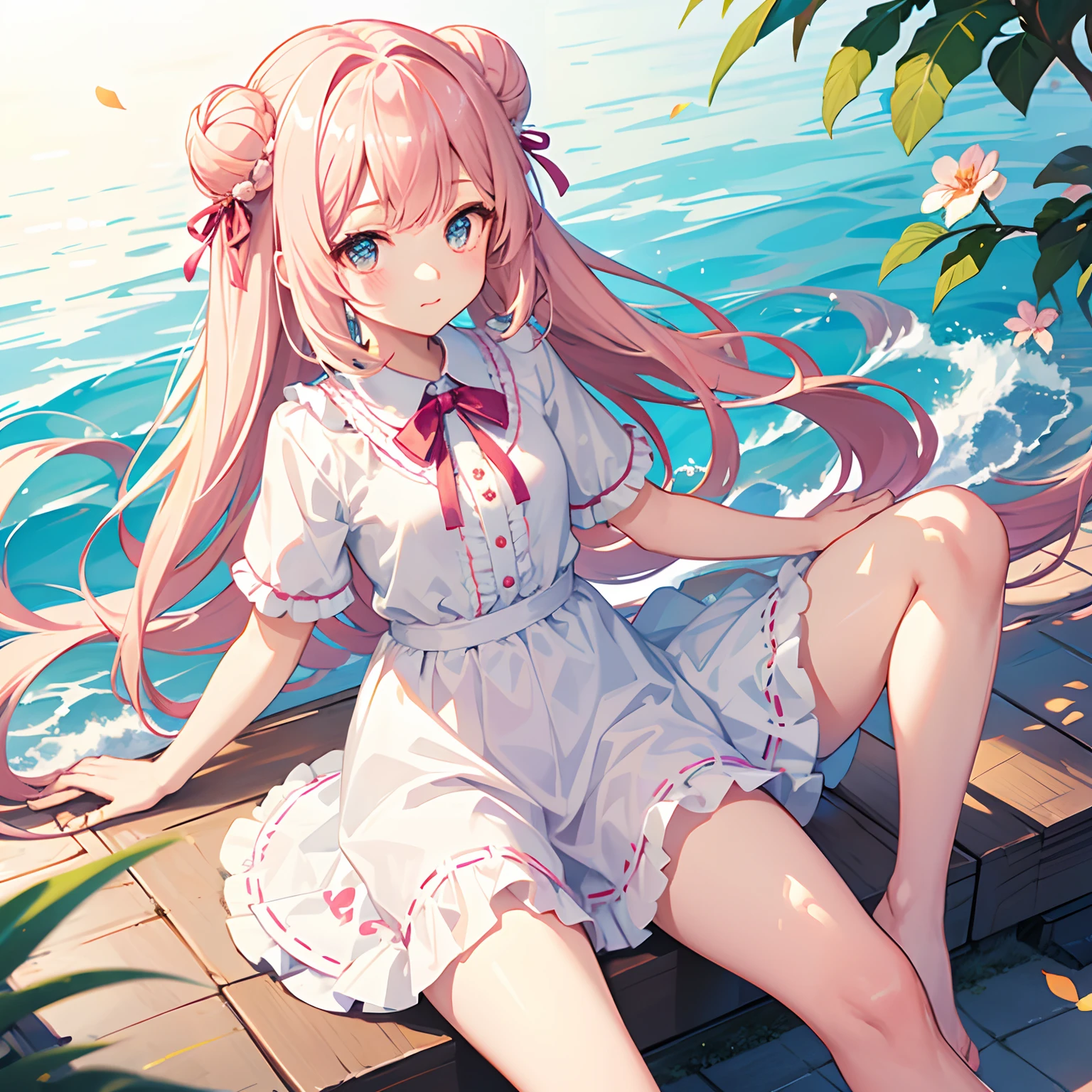 Half Bun Half Thumbnail Cute Girl Loli Ribbon Flower Short Sleeve Shirt Cute Long Girl Light Colored Hair Floating Sitting