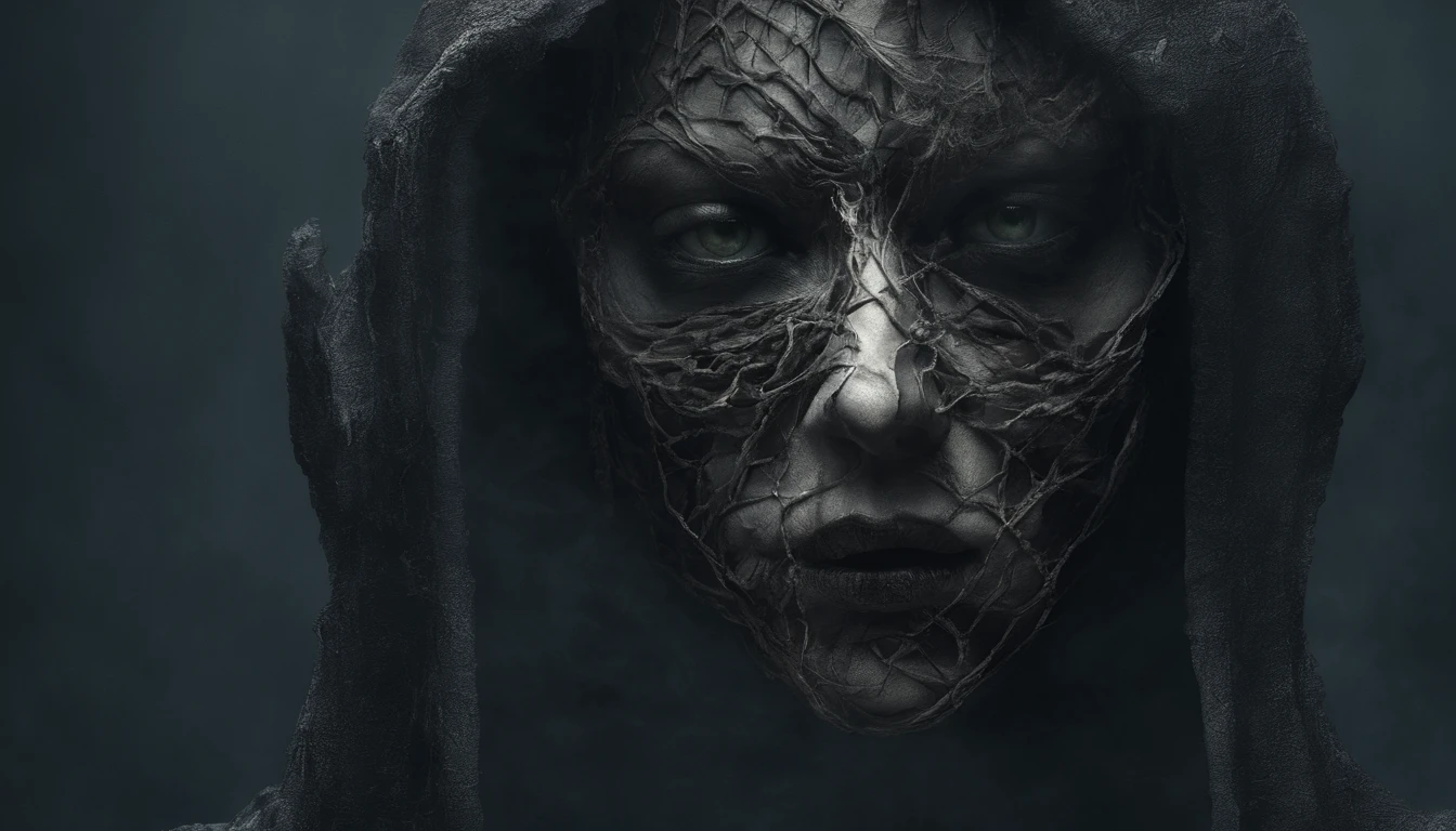 Stunning surreal art: front view emotional formless bizarre humanoid beggar face mask floating in darkness, vogue and Gucci style, minimalism photo, minimalistic, porosity, intricate details, rough texture, colorful top light, perfect crop, volumetric, super detailed, octane render, cinematic lighting, film grain