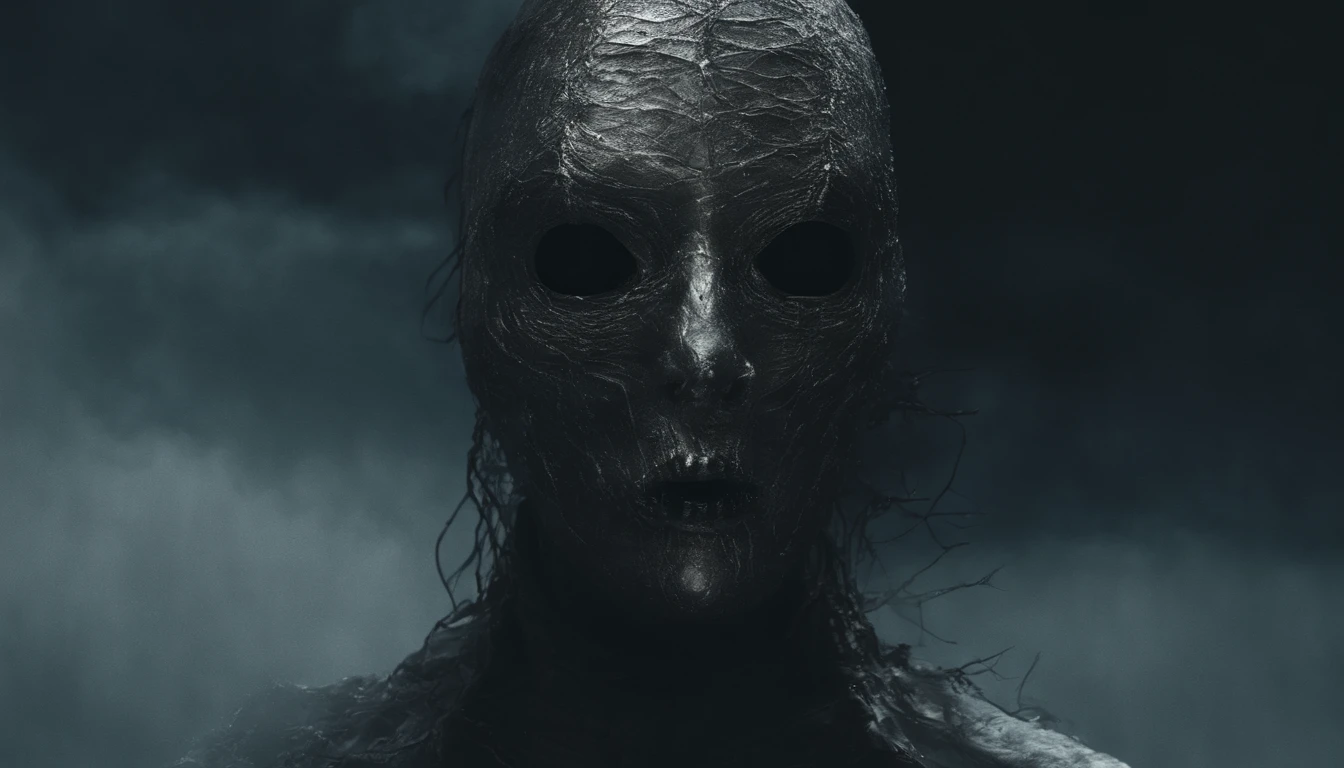 Stunning surreal art: front view emotional formless bizarre humanoid beggar face mask floating in darkness, vogue and Gucci style, minimalism photo, minimalistic, porosity, intricate details, rough texture, colorful top light, perfect crop, volumetric, super detailed, octane render, cinematic lighting, film grain