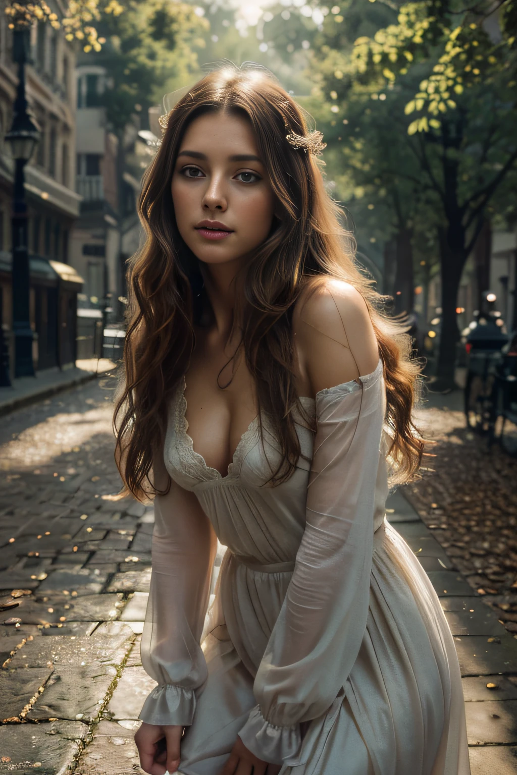 (best quality,4k,8k,highres,masterpiece:1.2),ultra-detailed,(realistic,photorealistic,photo-realistic:1.37),beautiful woman,big city,on the street,full body,brown hair,portraits,detailed eyes,long eyelashes,feminine figure,ethereal beauty,natural lighting,vibrant colors,magical atmosphere,serene expression,harmonious composition,gentle breeze,soft shadows,faint mist,dreamlike quality,peaceful ambiance,subtle golden hues,evocative,empowering,enchanted realm,Nymph-like appearance,graceful pose,flowing hair,whimsical elements,sublime artistry,captivating,alluring presence,mesmerizing charm,hazy atmosphere,ethereal magic.