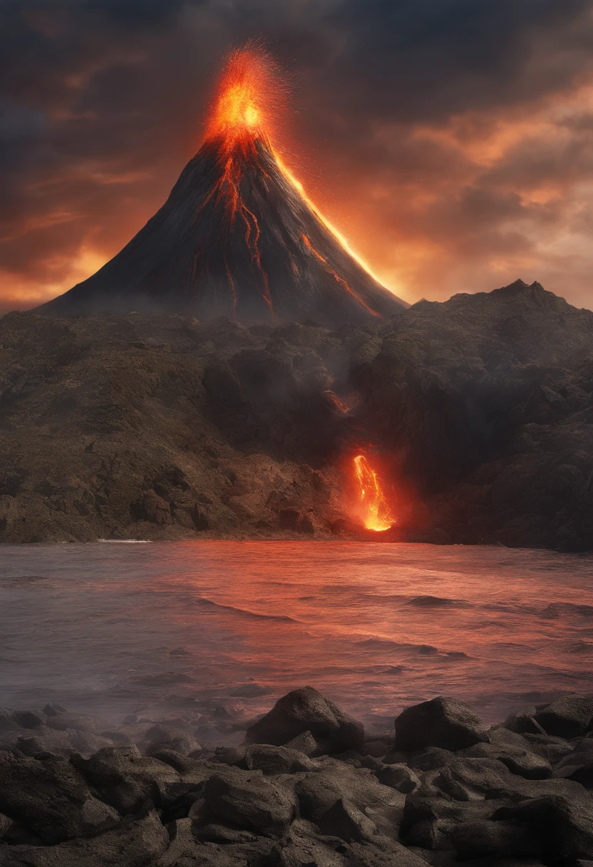 3D rendering of (volcanic eruption: 1.37),(perfect fusion of sea and volcanic eruption), hot magma splash, scorched black rocks, (sky volcanic ash: 1.0), reflection of erupting volcano in the sea, (rolling waves: 1.0), fiery red sky, destruction, reflection, epic picture, shocking effect, photography,Photography,a beautiful painting by Barnett Newman,Photorealism,Imaginative,Otherworldly,The picture is from Darren Aronofsky's work,Quixel Megascans Render,The picture is from Roger Deakins's work,The picture is from Zack Snyder's work,Unreal engine,high detail,hyper quality,high resolution,trending on artstation,surrealism,8Kby Anne Brigman,Bottom view,beautiful lighting, --ar 9:16 --v 5.2 --upbeta --stop 70 --chaos 3 --s 1000 --quality 3