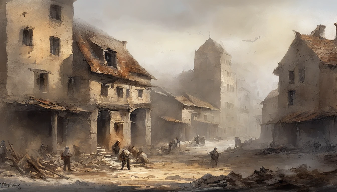 A group of poor people in rags walk with their backs to the photo,Walk through vast ruins,Under a black sky,In the distance, There is a fuzzy black monster in the fog。
