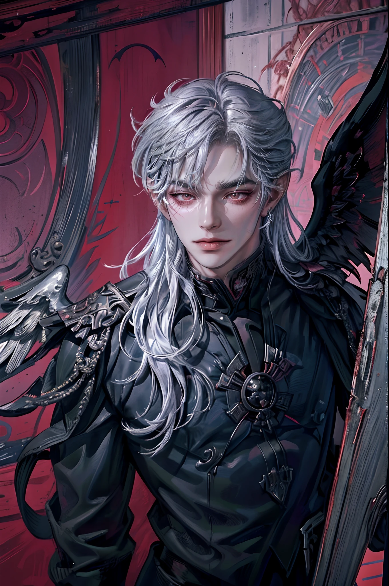 ((4K works))、​masterpiece、（top-quality)、((high-level image quality))、((One Beautiful Fallen Angel Man))、((King of Fallen Angels))、Slim body、((Vampire Black Y-Shirt Fashion))、(Detailed beautiful eyes)、((Fantastic English corridor))、Corridors in an evil English castle、((Face similar to Chaewon in Ruseraphim))、((Fallen Angel Longhair))、(((bright silver hair)))、((Smaller face))、((Neutral face))、((Evil face))、((Red Eyes))、((Korean Male))、((50 years old))、((wild boy))、((Evil look))、((angry expressions))、((Show your teeth and smile))、((Korean makeup with black eyeshadow))、((elongated and sharp eyes))、((Shot alone))、((Fallen angels))、Photos of fallen angels、Villain、Dark Proof、((Shot from the front))、((He is walking in front of the viewer))