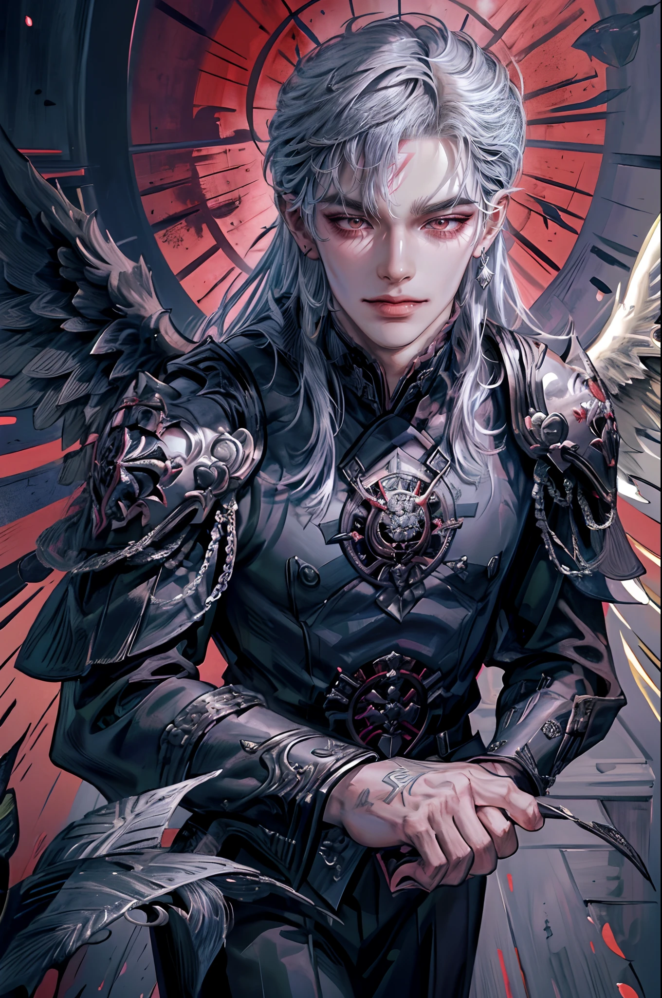 ((4K works))、​masterpiece、（top-quality)、((high-level image quality))、((One Beautiful Fallen Angel Man))、((King of Fallen Angels))、Slim body、((Vampire Black Y-Shirt Fashion))、(Detailed beautiful eyes)、((Fantastic English corridor))、Corridors in an evil English castle、((Face similar to Chaewon in Ruseraphim))、((Fallen Angel Longhair))、(((bright silver hair)))、((Smaller face))、((Neutral face))、((Evil face))、((Red Eyes))、((Korean Male))、((50 years old))、((wild boy))、((Evil look))、((angry expressions))、((Show your teeth and smile))、((Korean makeup with black eyeshadow))、((elongated and sharp eyes))、((Shot alone))、((Fallen angels))、Photos of fallen angels、Villain、Dark Proof、((Shot from the front))、((He is walking in front of the viewer))