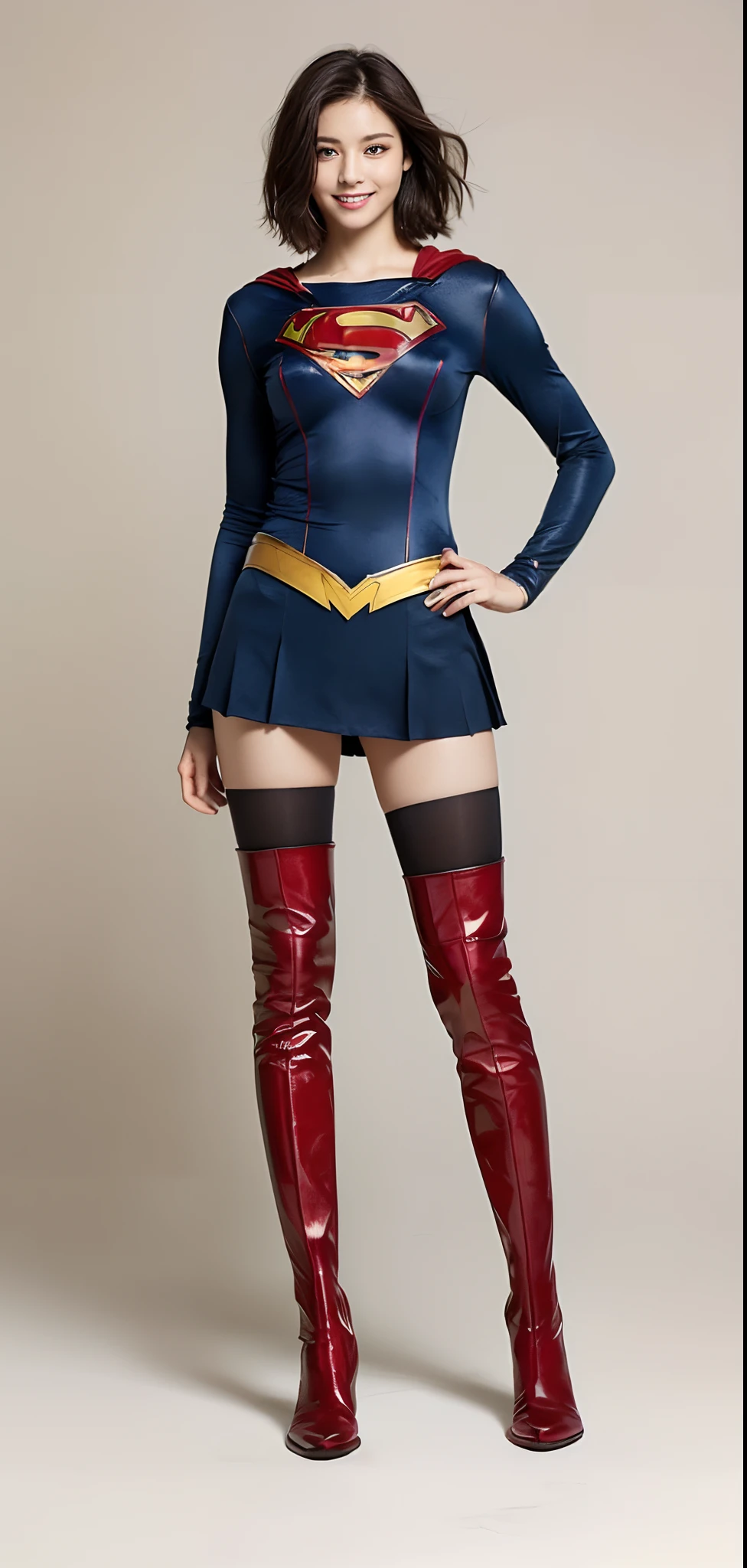 Lustrous legs、(((Wear black tights on your beautiful legs.)))、(((Grow legs、tall、beauty legs)))、(((facial expression of smile)))、((((Make the most of the original image)))、(((Supergirl Costume)))、(((Beautiful short hair、The hair)))、(((Suffering)))、(((Feet must necessarily be worn with black tights)))、(((You need to wear red boots)))、((Top image quality、8K))、((top-quality、8K、​masterpiece:1.3))、(((Keep your background simple)))、Crisp focus:1.2、Beautiful woman with perfect body shape:1.4、Slender Abs:1.2、a wet body:1.5、Highly detailed facial and skin texture、8K