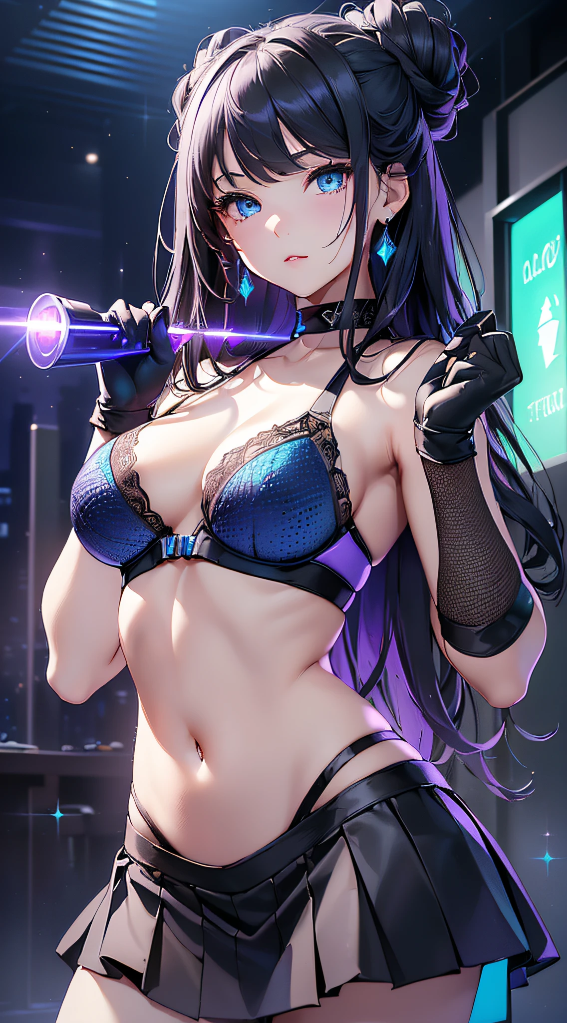 top-quality、Top image quality、​masterpiece、girl with((cute little、20yr old、Best Bust、Medium bust、Bust 85,Beautiful blue eyes、Breasts wide open,Long Black Hair、A slender、Middle knot、Black Sports Bra、Blue long trousers、White sheer short skirt,Reflecting the whole body、Black perforated gloves)）hiquality、Beautiful Art、Background with((clubhouse、Blue lighting、Purple Laser Point)),masutepiece、Elaborate design、visualart、depth of fields、The best lighting、highestdetailed、8ｋ