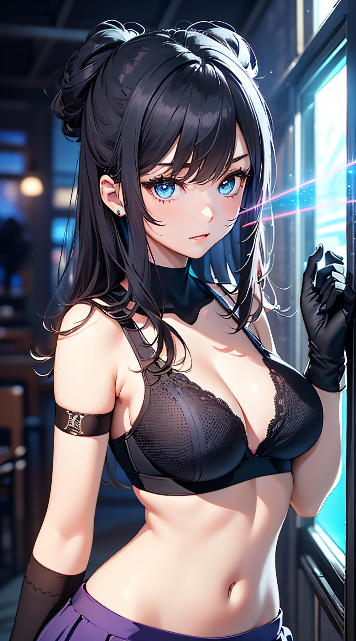 top-quality、Top image quality、masterpiece、girl with((cute little、20yr old、Best Bust、Medium bust、Bust 85,Beautiful blue eyes、Breasts wide open,Long Black Hair、A slender、Middle knot、Black Sports Bra、Blue long trousers、White sheer short skirt,Reflecting the whole body、Black perforated gloves))hiquality、Beautiful Art、Background with((clubhouse、Blue lighting、Purple Laser Point)),masutepiece、Elaborate design、visualart、depth of fields、The best lighting、highestdetailed、8k