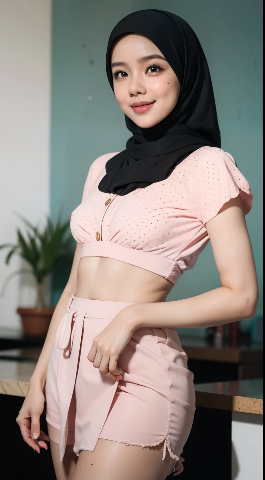 Malay girl (mira filzah:1.2) with pastel color hijab standing and pose in hipster cafe, happy, smiling, nighttime, wearing turquoise polka dot beginners bra and pleated short skirt, pink sneakers, professional lighting, blur background, cool ambient, bokeh, small breast, small waist, small head, short petite body, wide hips, thick thighs, curved back, round big ass, long leg, thick leg, sexy pose, bright lighting, mole below eyes, skin spots, acnes, skin blemishes, age spot, detail skin texture, skin detail, skin wrinkle detail, dark brown skin, gold necklace,