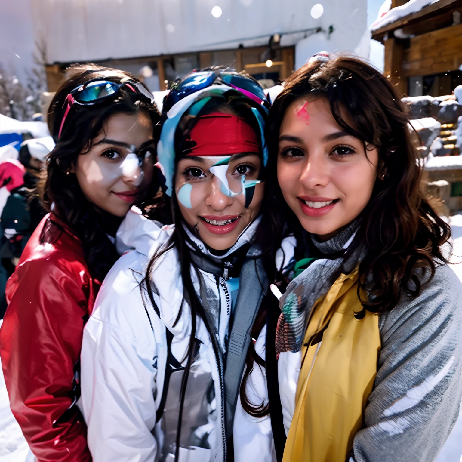 Dark-skinned woman with curly Mexican-style hair with these girlfriends skiing, les yeux clairs