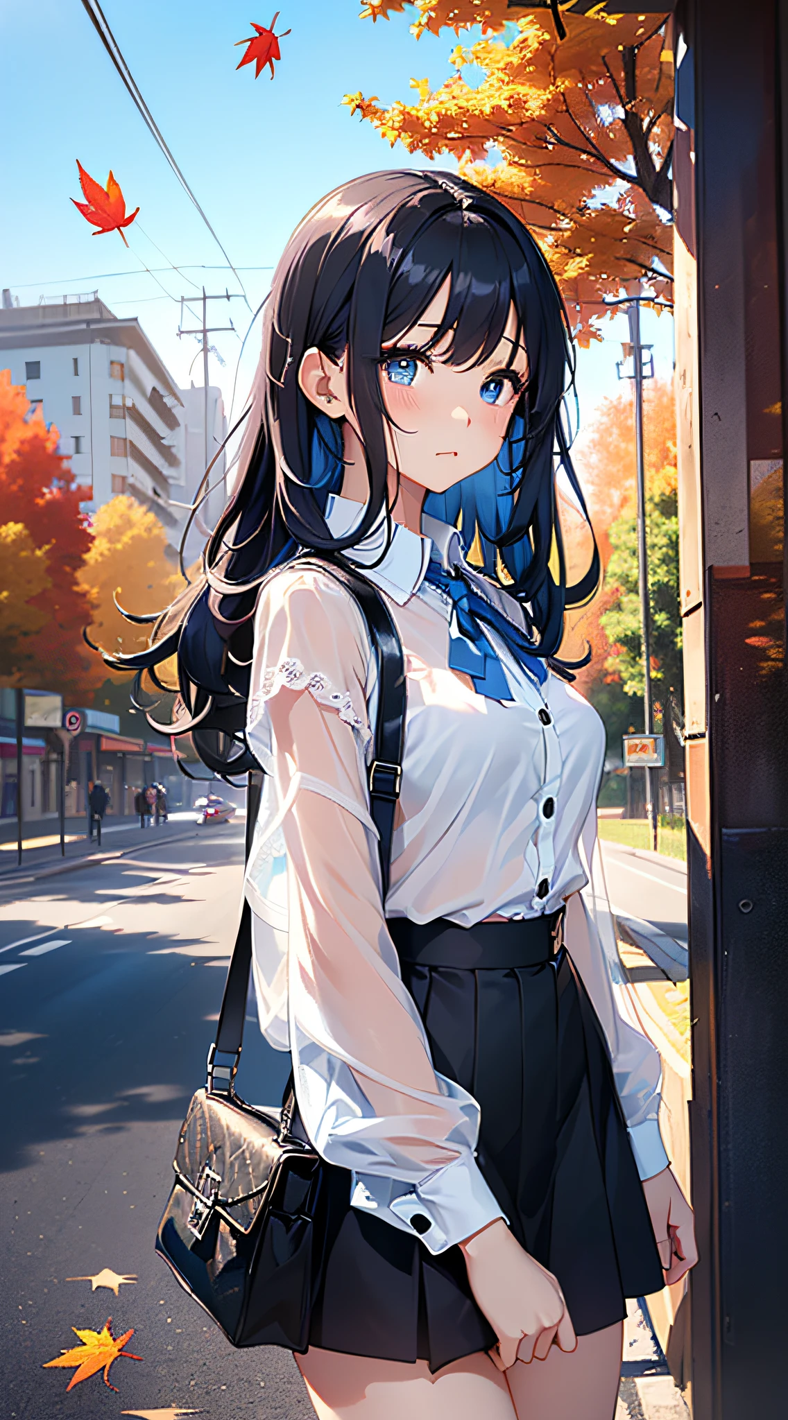 top-quality、Top image quality、masterpiece、girl with((cute little、、Best Bust、Medium bust、Bust 85,Beautiful blue eyes、Breasts wide open,Long Black Hair、A slender、Mesh with bangs and blue hair、Y-shirt with white collar open to second button、Blue short skirt,satchel,angry looking face、run、Reflecting the whole body、Black underwear、collapse、M-shaped legs))hiquality、Beautiful Art、Background with((blue-sky、Road of autumn leaves)),masutepiece、Elaborate design、visualart、depth of fields、The best lighting、highestdetailed、8k