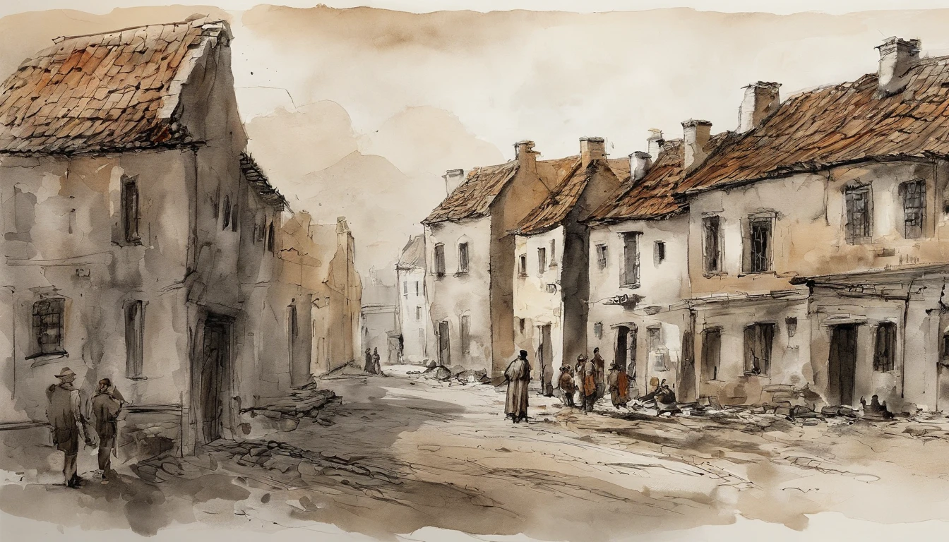 ink wash style,Cracked buildings,battlefiled,Fire on the ground,Burning buildings,the fire,winter day、Rochas、War,uni,karo,modernn architecture,(illustratio:1.0)、Epic composition、Realistic lighting、high definition detail、tmasterpiece、Best quality,(非常详细的 CG 统一 8k 壁纸)