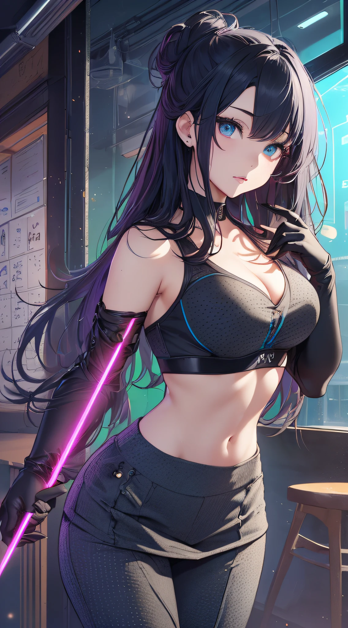top-quality、Top image quality、masterpiece、girl with((cute little、20yr old、Best Bust、Medium bust、Bust 85,Beautiful blue eyes、Breasts wide open,Long Black Hair、A slender、Middle knot、Black Sports Bra、Blue long trousers、White sheer short skirt,Reflecting the whole body、Black perforated gloves))hiquality、Beautiful Art、Background with((clubhouse、Blue lighting、Purple Laser Point)),masutepiece、Elaborate design、visualart、depth of fields、The best lighting、highestdetailed、8k
