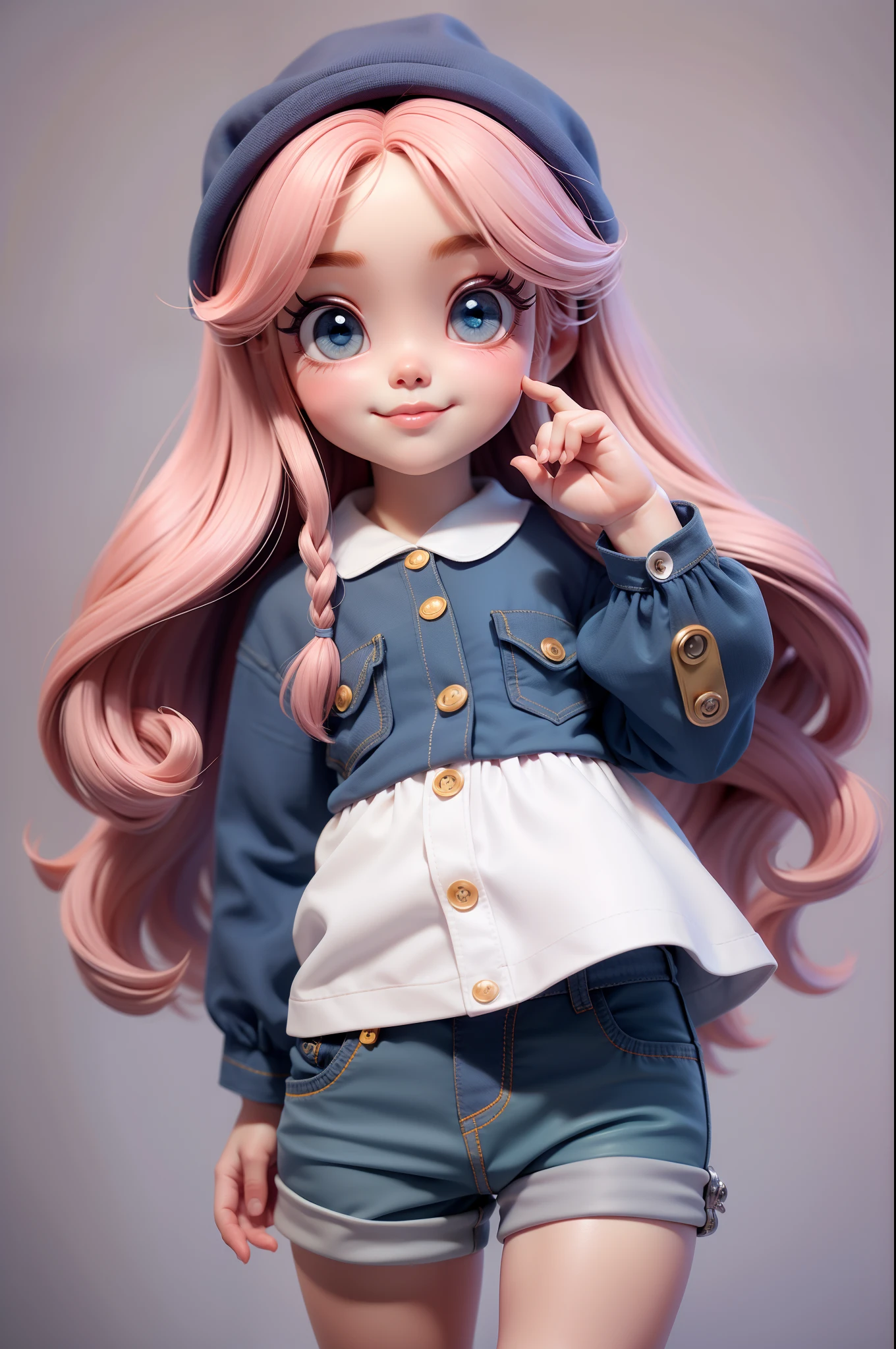 Create a series of cute baby chibi style dolls with a cute street theme, each with lots of detail and in an 8K resolution. All dolls should follow the same solid background pattern and be complete in the image, mostrando o (corpo inteiro, incluindo as pernas: 1.5) Boneca Chame-a de Marina. Ela deve ter cabelo pequeno em tom preto marrom. Seus olhos devem ser grandes e expressivos, with long eyelashes and rosy cheeks. Sorriso delicado e branco. Marina deve estar vestida com uma jaqueta, Camiseta, Pants & bonnet . She must hold accessoryRio de Janeiros safari. Certifique-se de adicionar detalhes nas roupas, such as buttons and pockets, sapato bonito Certifique-se de adicionar Sombras, texturas e detalhes nos cabelos, roupas, Safari utensils, to make them even more adorable and charming.