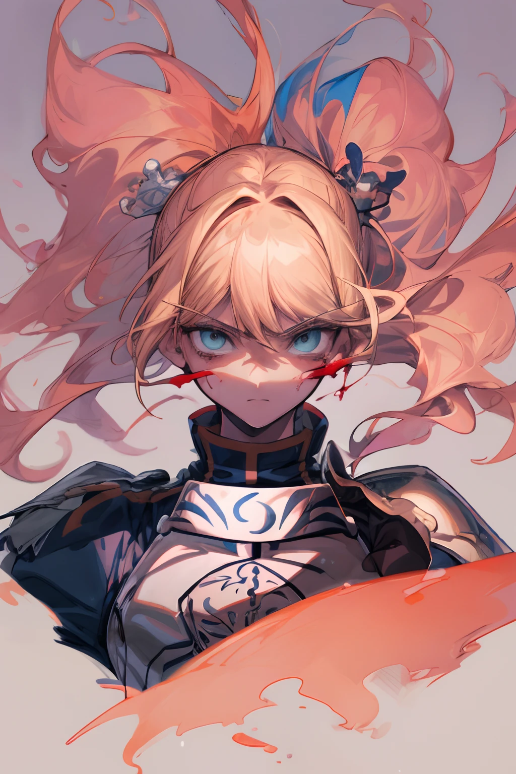 masterpiece, best quality, highres, ultra-detailed, artbook, anime coloring, CG, illustration , fantasy, 1girl, solo, blood, male focus, looking at viewer, artoria pendragon \(fate\), armor, detailed beautiful face and eyes, floating hair, simple background, illustration, photorealistic, beautifully drawn, vivid color