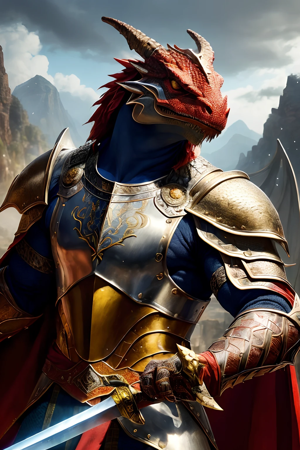 Arafo high detail, Best quality, 8K, [Ultra detailed], Masterpiece, Best quality, (Extremely detailed), Dynamic Angle, super wide shot, Photorealistic, primitive, Fantasy art, dnd art, Fantasy art, Realistic art, Wide angle picture of Dragonborn commander preparing for battle, full bodyesbian  (intense detail, Masterpiece, Best quality: 1.5), D&D Dragonborn, Red Dragonborn, Dynamic eye color, reptilian eyes, com rosto detalhado  (intense detail, Masterpiece, Best quality: 1.5), Wearing heavy armor, White armor, wearing cloak, long cape, Flowing cloak, Dynamic colors, Holding a sword  (intense detail, Masterpiece, Best quality: 1.5), Holy Sword, A sword with a yellow magic aura (intense detail, Masterpiece, Best quality: 1.5), Holding a shield  (intense detail, Masterpiece, Best quality: 1.5), Battle street background, Town background in war (intense detail, Masterpiece, Best quality: 1.5), A sense of action, danger atmosphere