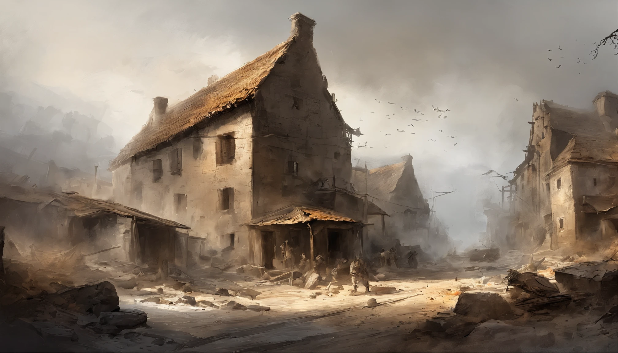 ink wash style,Cracked buildings,battlefiled,Fire on the ground,Burning buildings,the fire,winter day、Rochas、War,uni,karo,modernn architecture,(illustratio:1.0)、Epic composition、Realistic lighting、high definition detail、tmasterpiece、Best quality,(非常详细的 CG 统一 8k 壁纸)