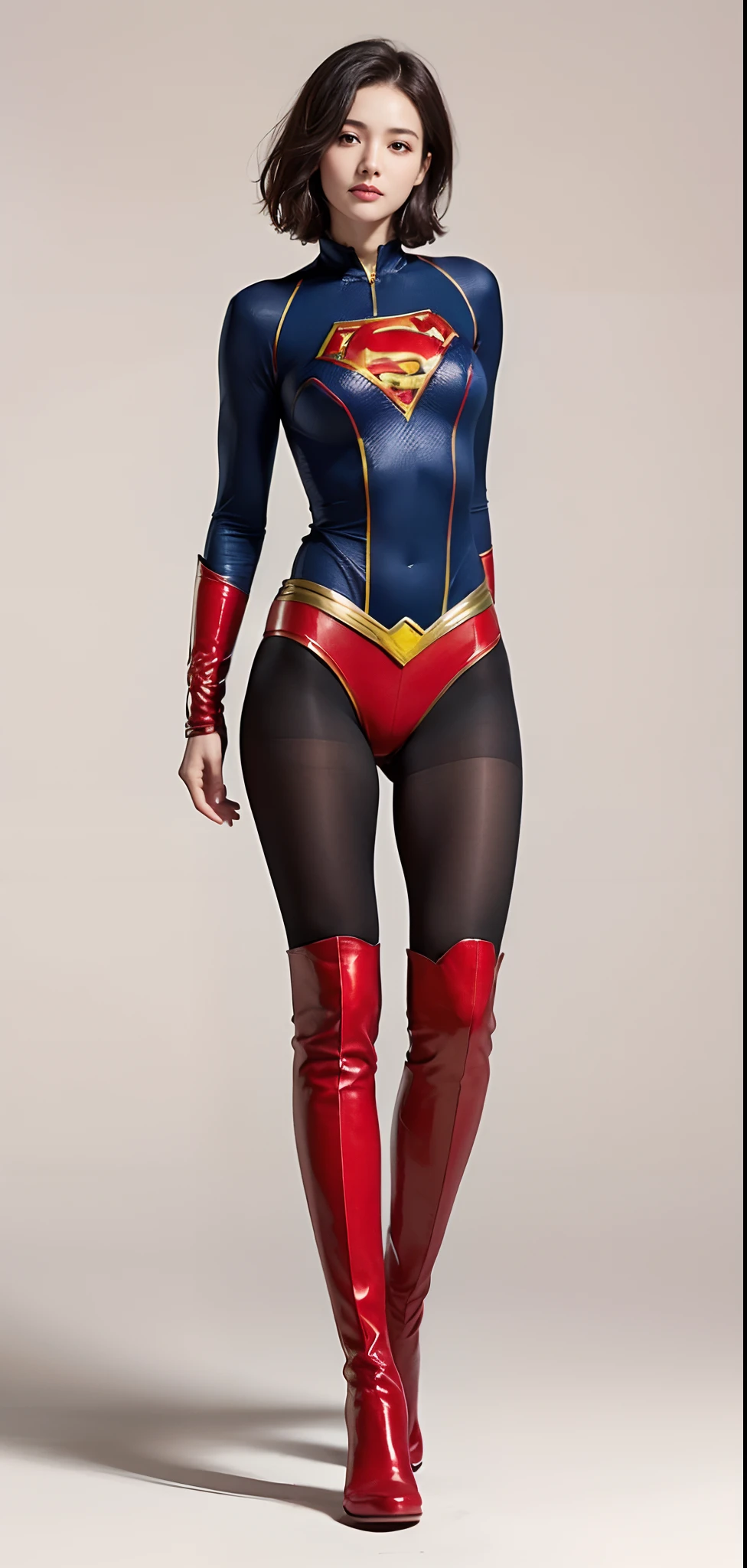 Shiny legs、(((Wear black tights on your beautiful legs.)))、(((beauty legs)))、(((facial expression of smile)))、((((Make the most of the original image)))、(((Supergirl Costume)))、(((Beautiful short hair、The hair)))、(((Suffering)))、(((Feet must necessarily be worn with black tights)))、(((You need to wear red boots)))、((Top image quality、8K))、((top-quality、8K、​masterpiece:1.3))、(((Keep your background simple)))、Crisp focus:1.2、Beautiful woman with perfect body shape:1.4、Slender Abs:1.2、a wet body:1.5、Highly detailed facial and skin texture、8K