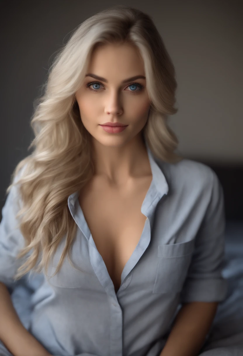 sexy girl with blue eyes, ultra realistic, meticulously detailed,, blonde hair and large eyes, selfie of a young woman, bedroom eyes, without makeup, natural makeup, looking directly at the camera, stunning full body shot kneeling on bed, in bedroom, medium to large size bust, wearing a casual gray shirt