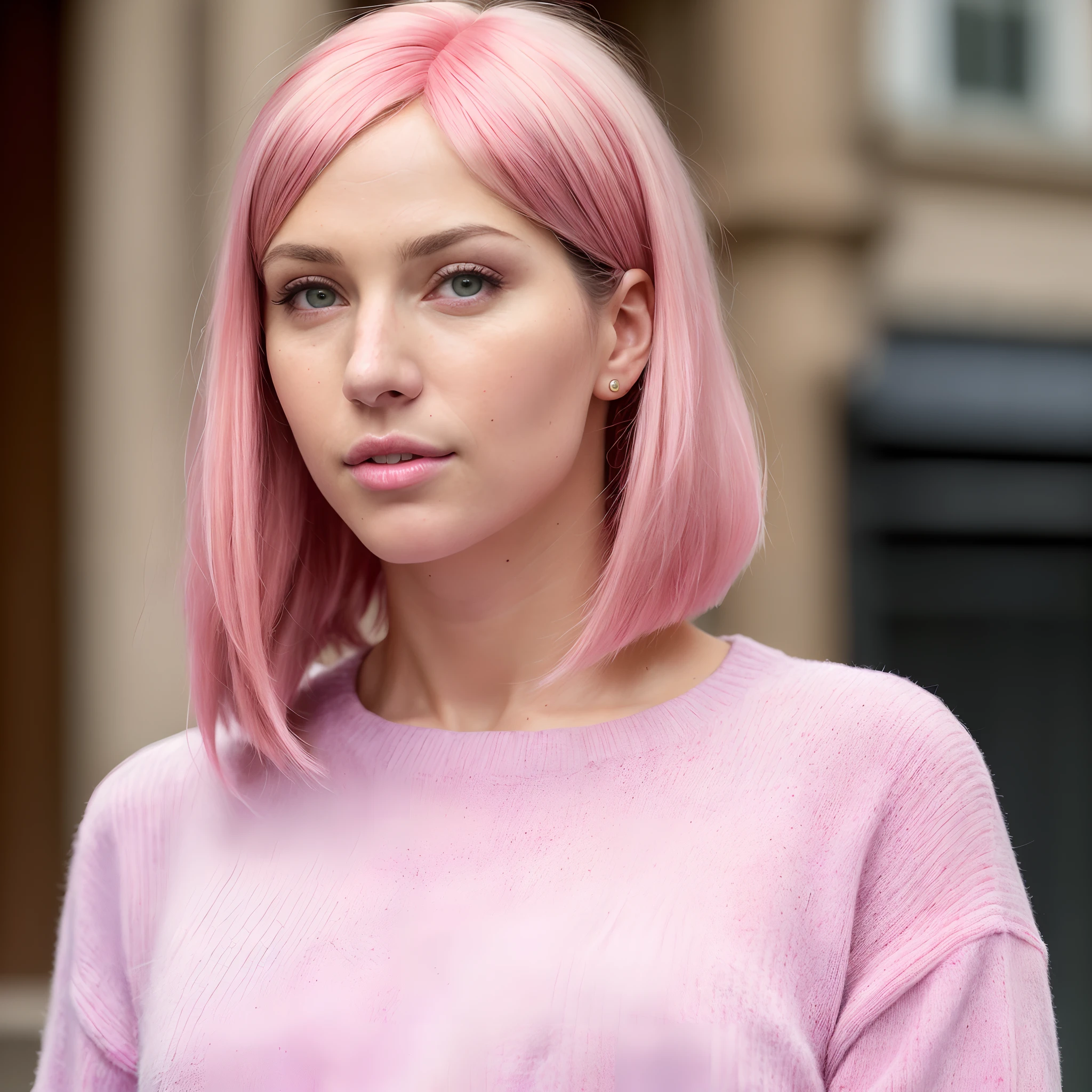 (masterpiece:1.4), (8k, photorealistic, RAW photo, best quality: 1.4), (one girl:1.5), beautiful face, (realistic face), (brown hair, neon pink hair wig, short bob with fringe, (enhanced salon perfect hair), beautiful hairstyle, realistic eyes, beautiful detailed eyes, (realistic skin), beautiful skin, (sweater), attractive, ultra high res, ultra-realistic, highly detailed, golden ratio, (caucasian:1.5),(photo realistic:1.4), (hyper realistic:1.4), (realistic:1.3), (smoother lighting:1.05), (increase cinematic lighting quality:0.9), 32K, 1girl, realistic lighting, backlighting, light on face, ray trace, (brightening light:1.2), (city of bath UK), bohken lights, (t-shirt), dressed,(Cyber_Girl_V3:0.99)