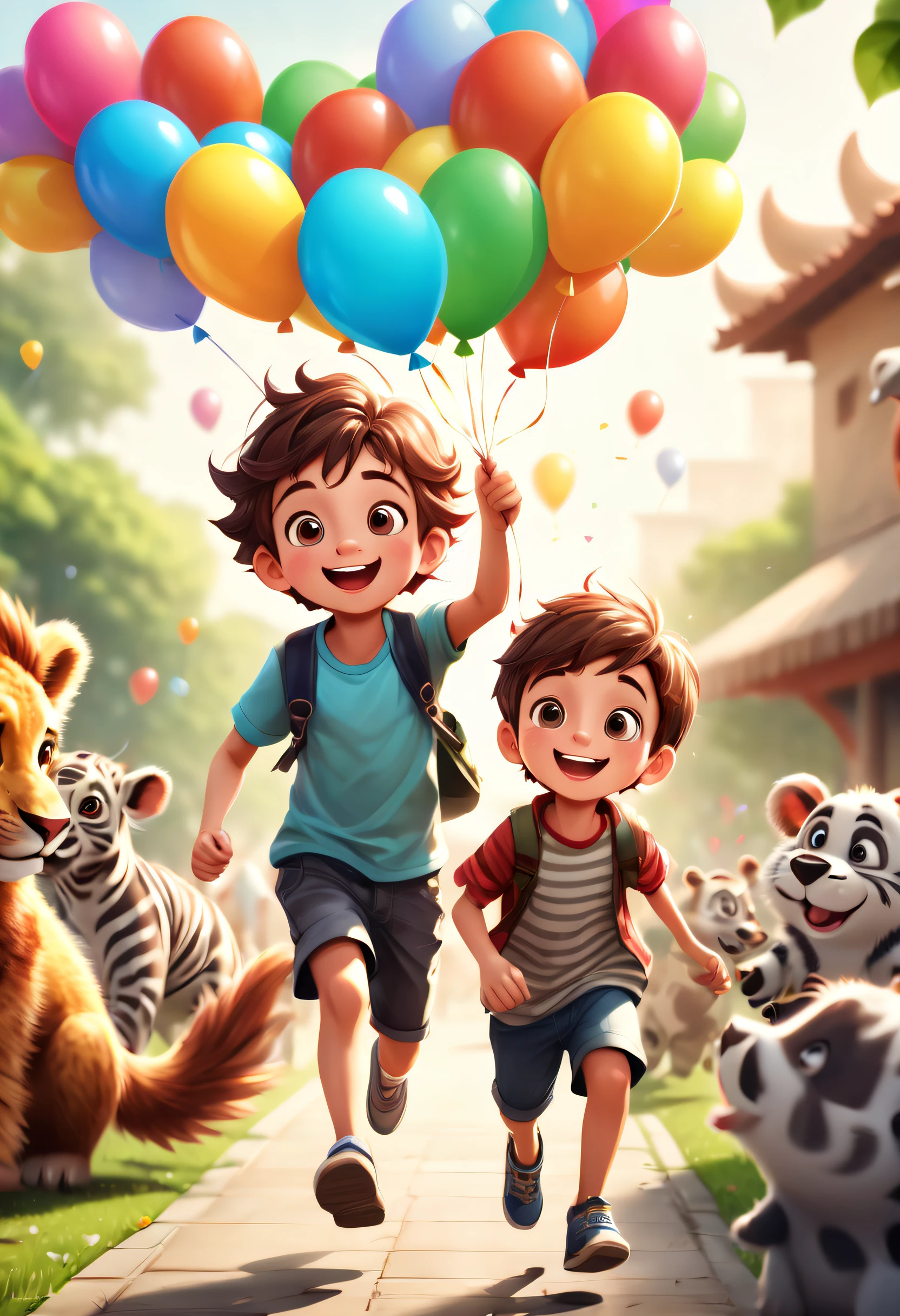 A boy, zoo, many balloons, happy, happy, perfect quality, clear focus (clutter - home: 0.8), (masterpiece: 1.2) (realistic: 1.2) (bokeh) (best quality) (detailed skin: 1.3) (intricate details) (8K) (detail eyes) (sharp focus), (happy), full body, two children, clean background, running,cartoony,Flat illustration,